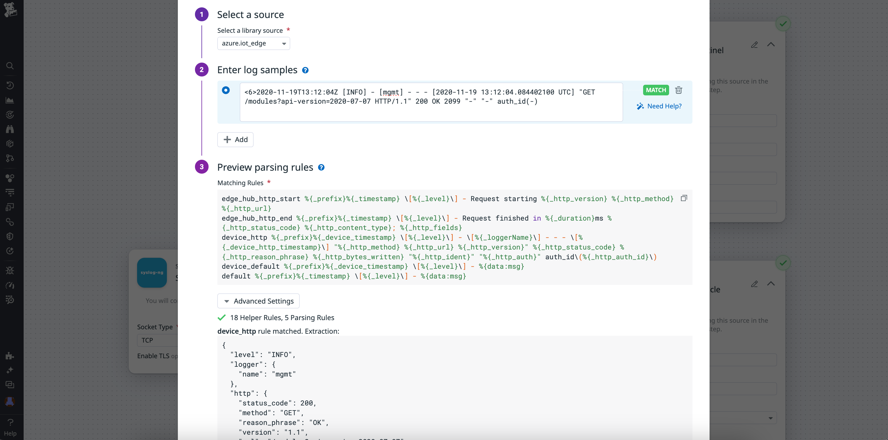 A rule using the Grok Parser to modify Azure IoT Edge logs.