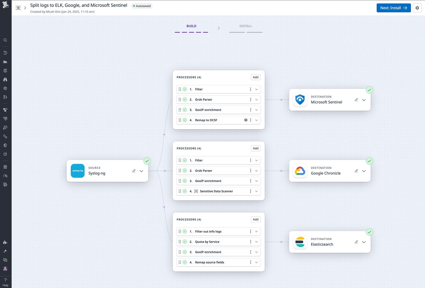 A log splitting pipeline that sends logs to Microsoft Sentinel and other destinations. A log splitting pipeline that sends logs to Microsoft Sentinel and other destinations.
