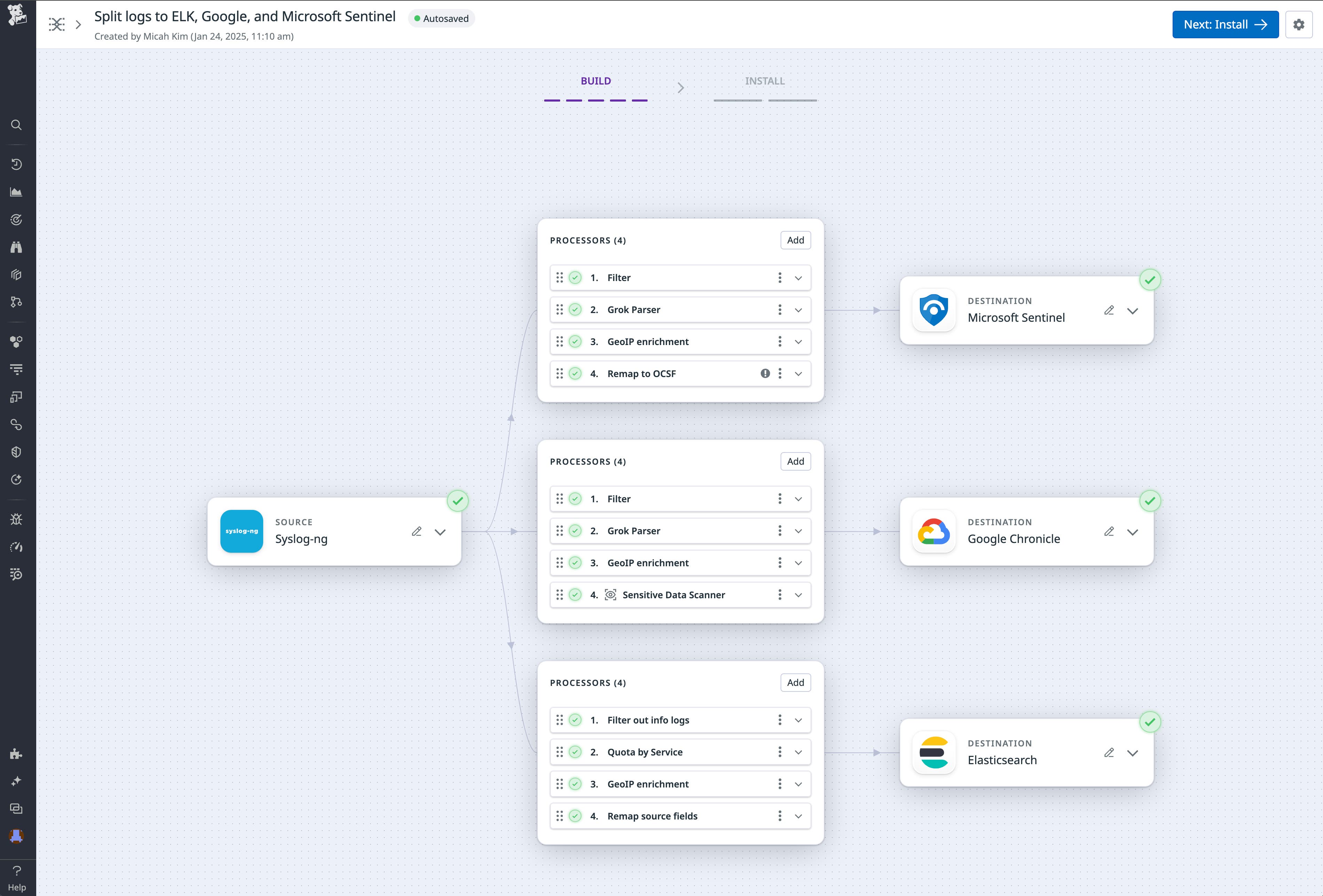 A log splitting pipeline that sends logs to Microsoft Sentinel and other destinations. A log splitting pipeline that sends logs to Microsoft Sentinel and other destinations.