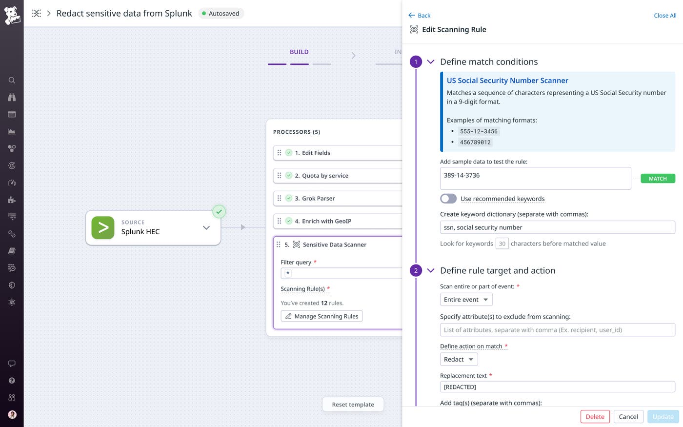 A custom scanning rule uses a regular expression and a keyword dictionary to identify US Social Security Numbers. A custom scanning rule uses a regular expression and a keyword dictionary to identify US Social Security Numbers.
