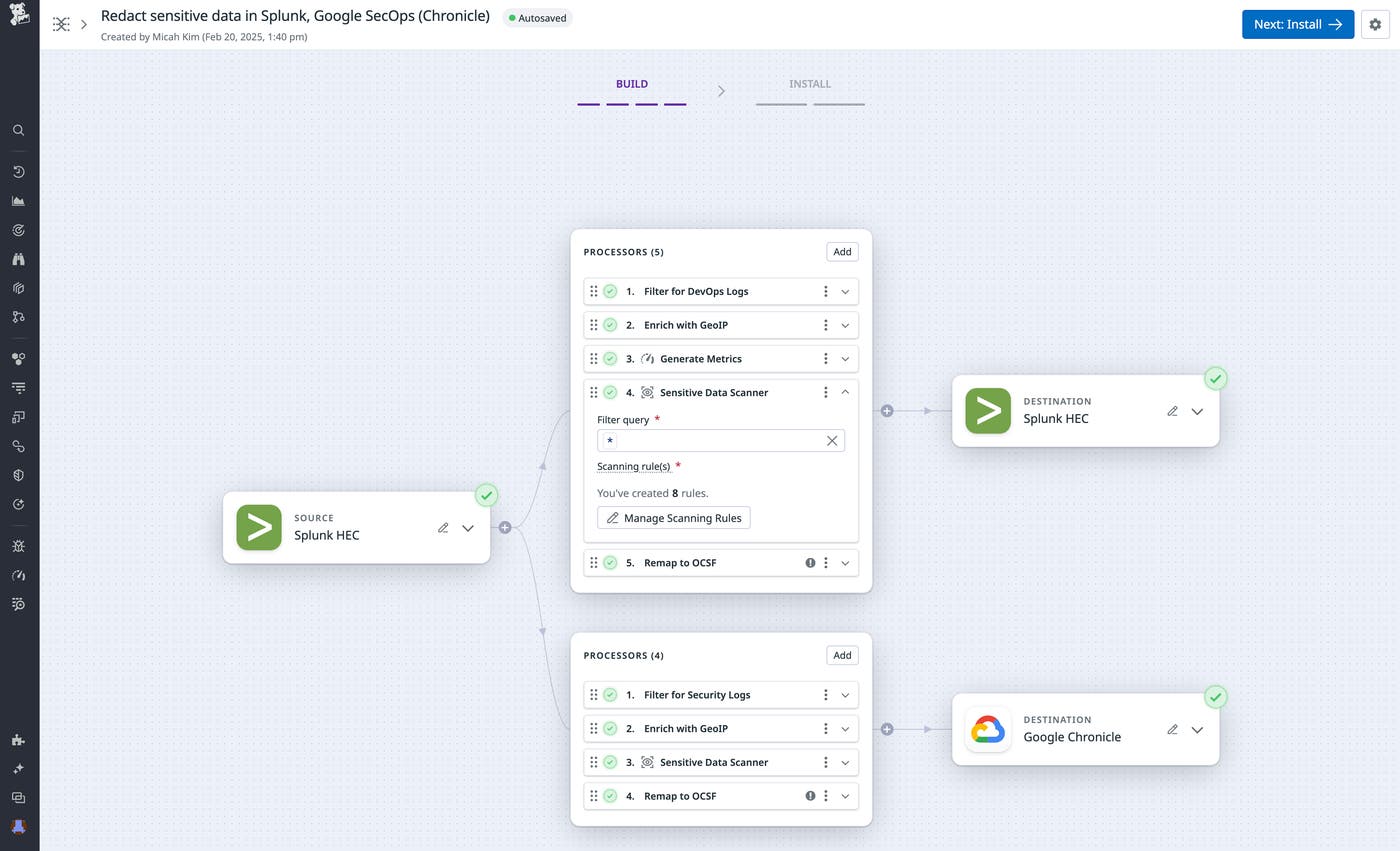 Sensitive Data Scanner is implemented in a pipeline that specifies the Datadog Agent as the source and routes data to Datadog Log Management. Sensitive Data Scanner is implemented in a pipeline that specifies the Datadog Agent as the source and routes data to Datadog Log Management.