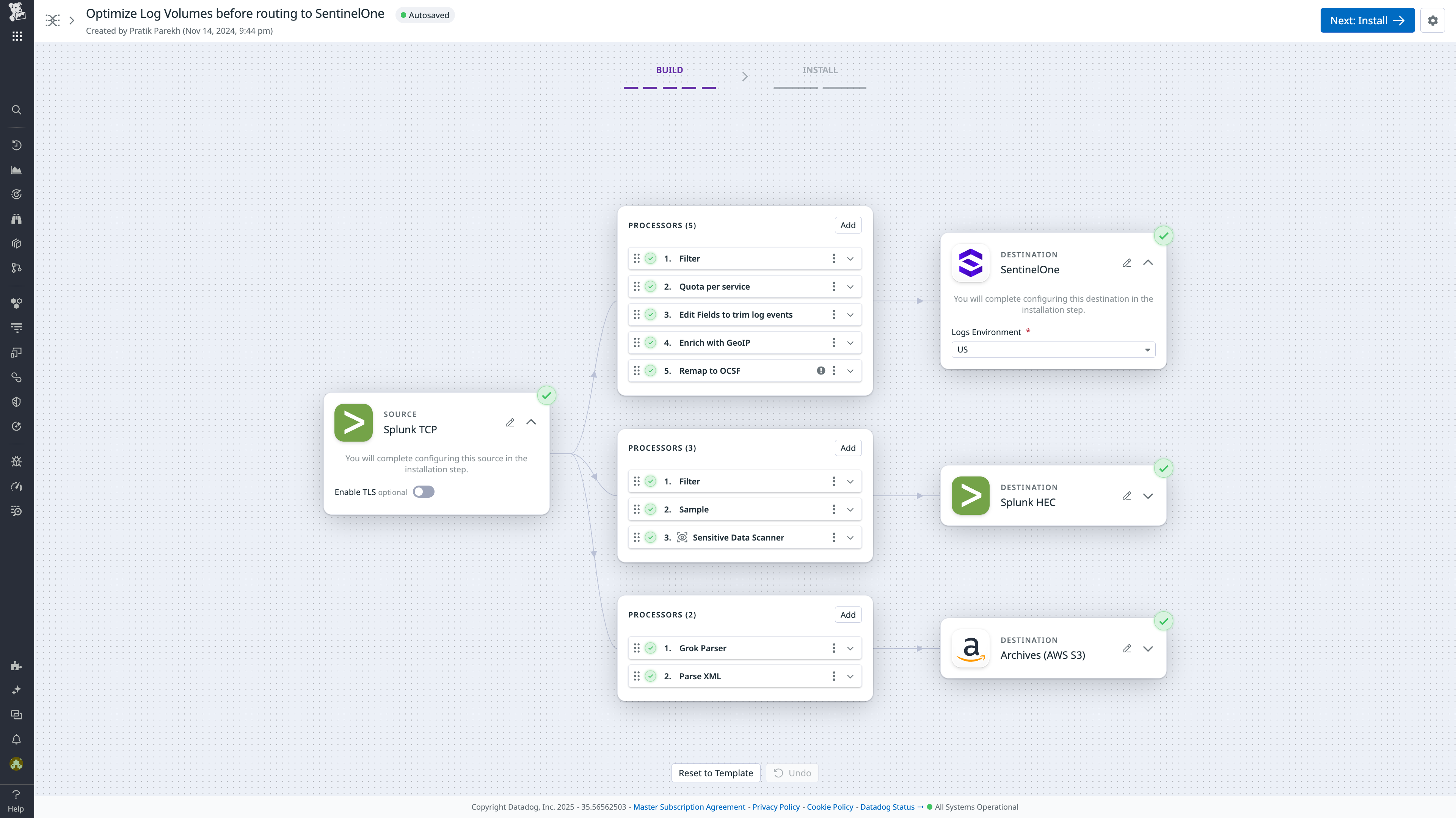 A pipeline that migrates logs from Splunk to SentinelOne.