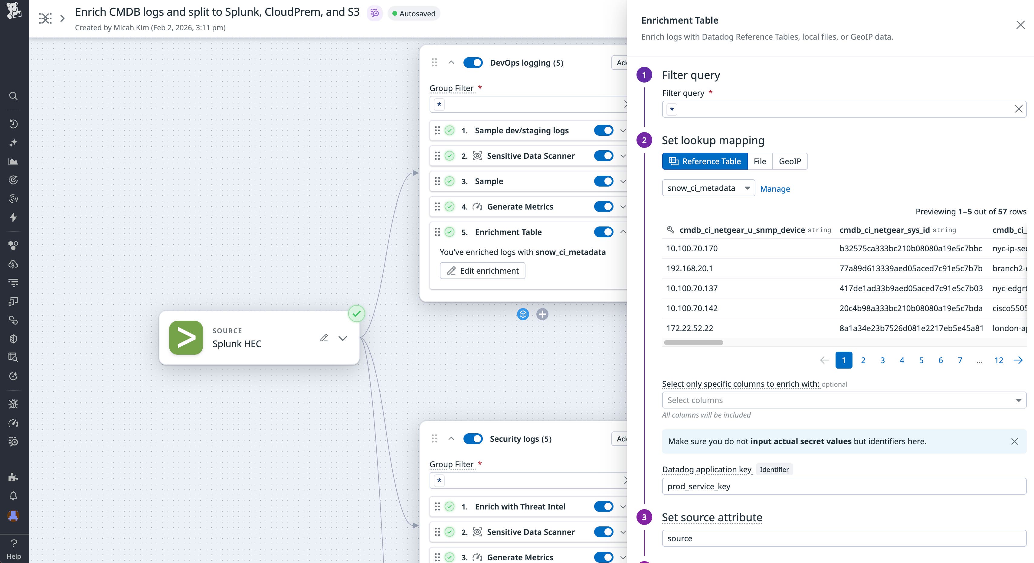 Screenshot of a pipeline that enriches logs with CMDB information before splitting them up for routing to Splunk, Datadog CloudPrem, and Amazon S3. Screenshot of a pipeline that enriches logs with CMDB information before splitting them up for routing to Splunk, Datadog CloudPrem, and Amazon S3.