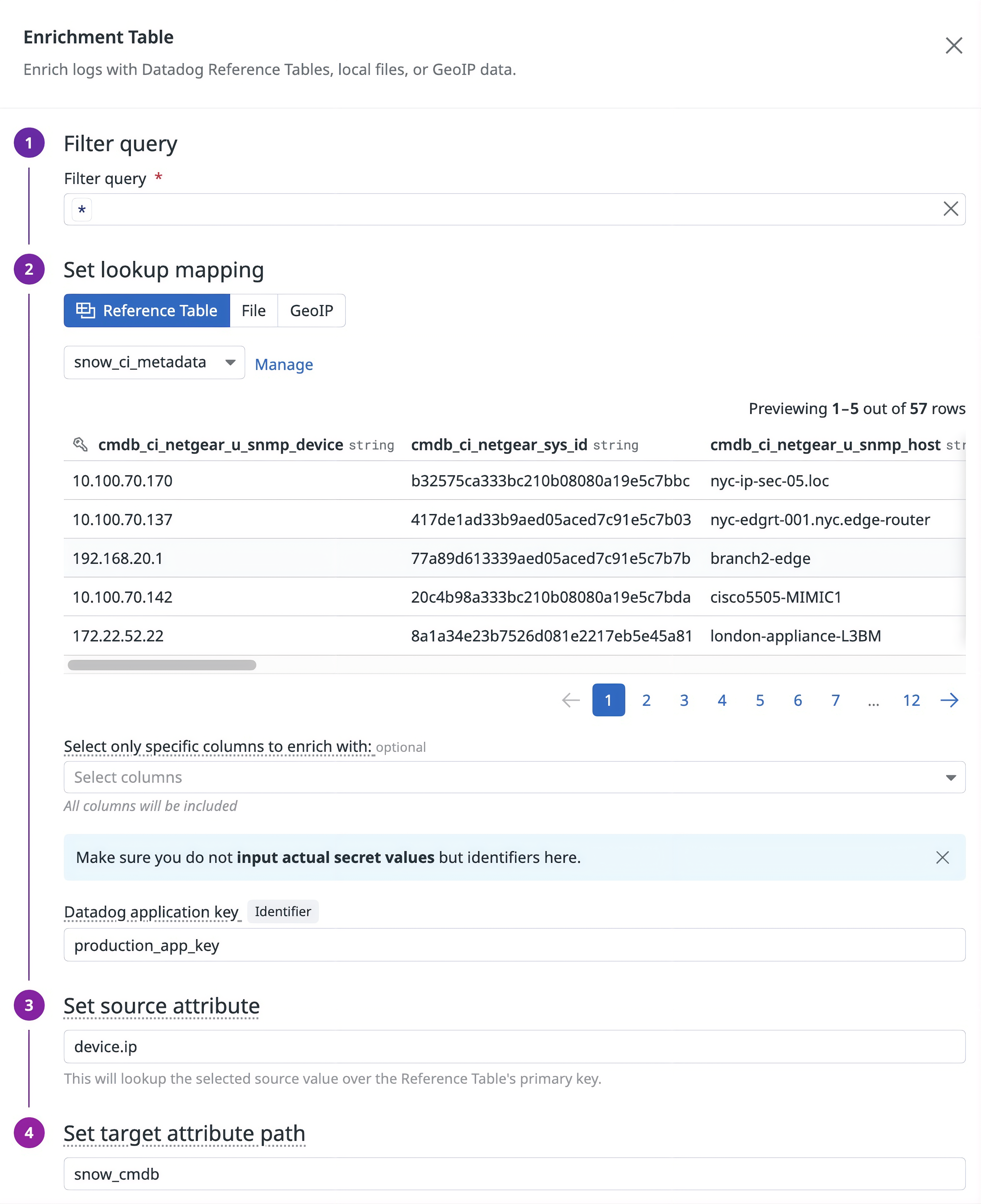 Enrichment Table configuration that uses a ServiceNow-backed Reference Table to add CMDB ownership and dependency fields to logs in Observability Pipelines.