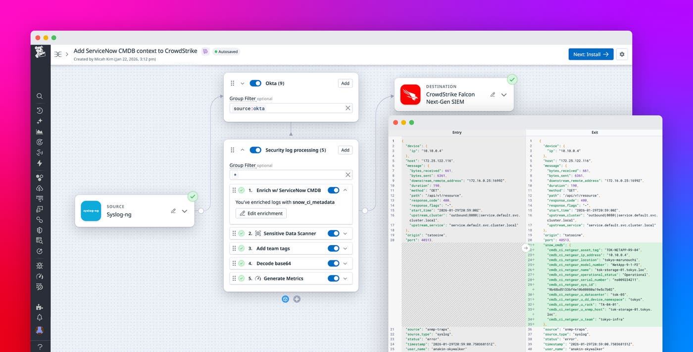 Enrich logs with ServiceNow CMDB context before routing to any SIEM or logging tool Enrich logs with ServiceNow CMDB context before routing to any SIEM or logging tool