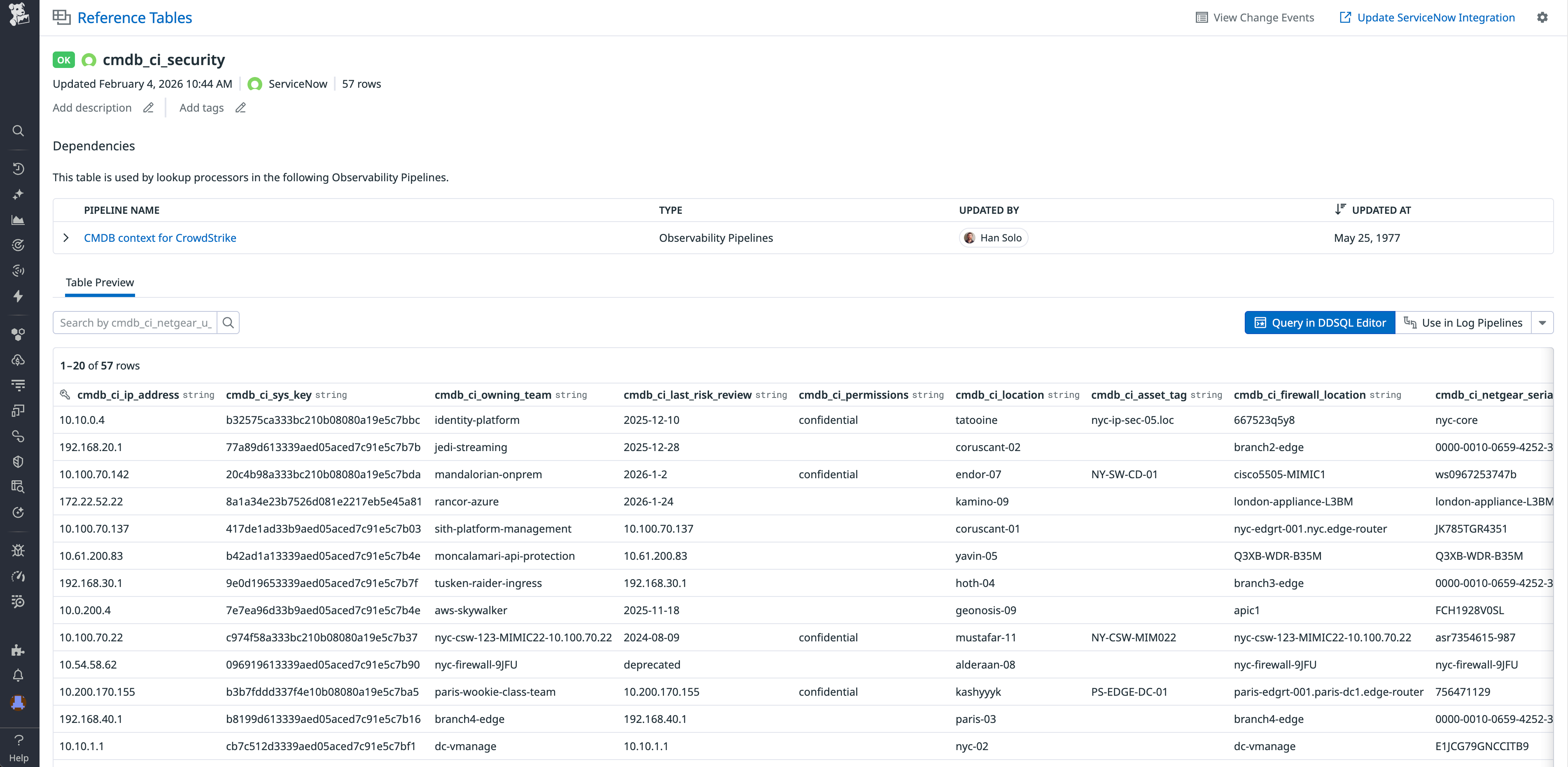 Screenshot of a Datadog Reference Tables page that shows the `cmdb_ci_security` table synced from ServiceNow CMDB.