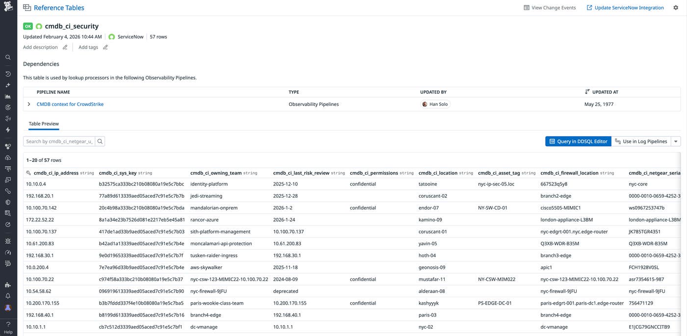 Screenshot of a Datadog Reference Tables page that shows the `cmdb_ci_security` table synced from ServiceNow CMDB. Screenshot of a Datadog Reference Tables page that shows the `cmdb_ci_security` table synced from ServiceNow CMDB.