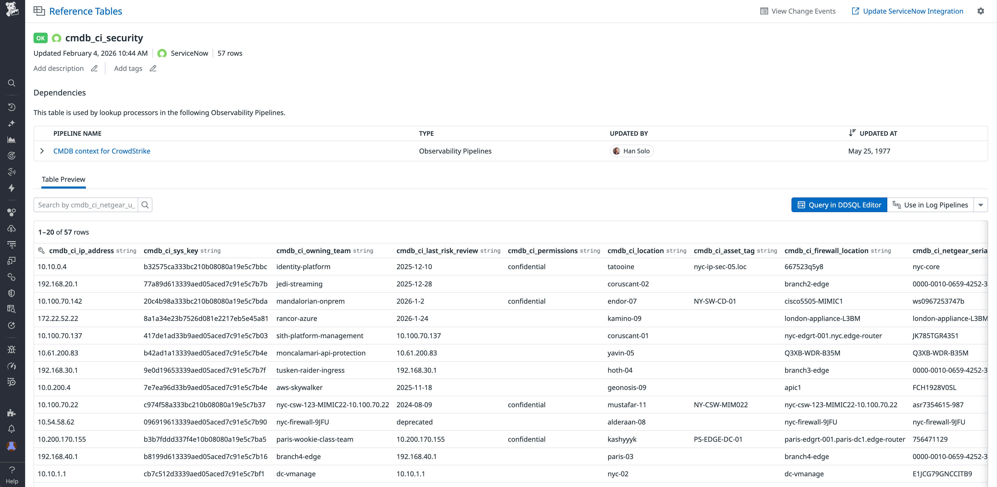 Screenshot of a Datadog Reference Tables page that shows the `cmdb_ci_security` table synced from ServiceNow CMDB. Screenshot of a Datadog Reference Tables page that shows the `cmdb_ci_security` table synced from ServiceNow CMDB.