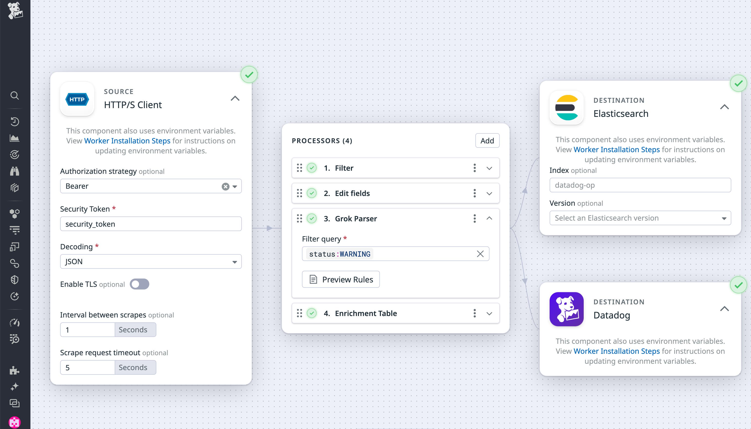 View of a pipeline dual shipping logs from an HTTP client to Elasticsearch and Datadog. The pipeline processes logs with a Grok Parser. View of a pipeline dual shipping logs from an HTTP client to Elasticsearch and Datadog. The pipeline processes logs with a Grok Parser.