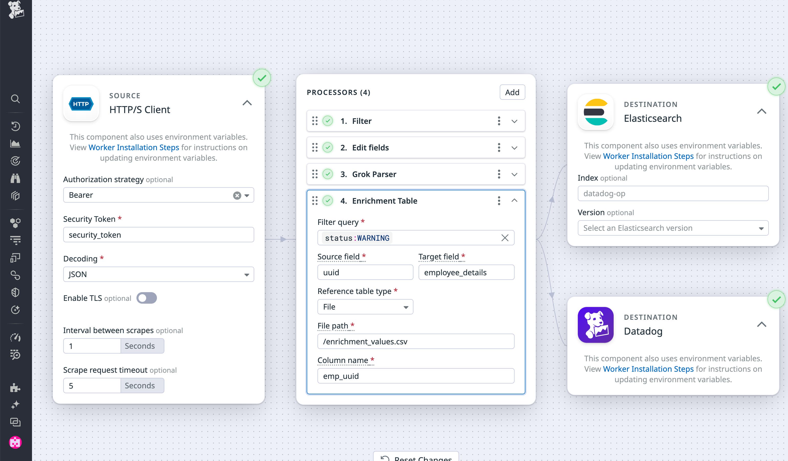 View of a pipeline dual shipping logs from an HTTP client to Elasticsearch and Datadog. The pipeline utilizes the Enrichment Table processor. View of a pipeline dual shipping logs from an HTTP client to Elasticsearch and Datadog. The pipeline utilizes the Enrichment Table processor.