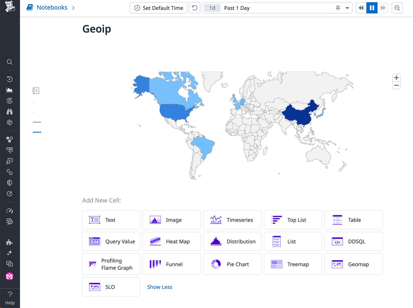 View of a world map in a Datadog notebook that was created by the GeoIP Parser. View of a world map in a Datadog notebook that was created by the GeoIP Parser.