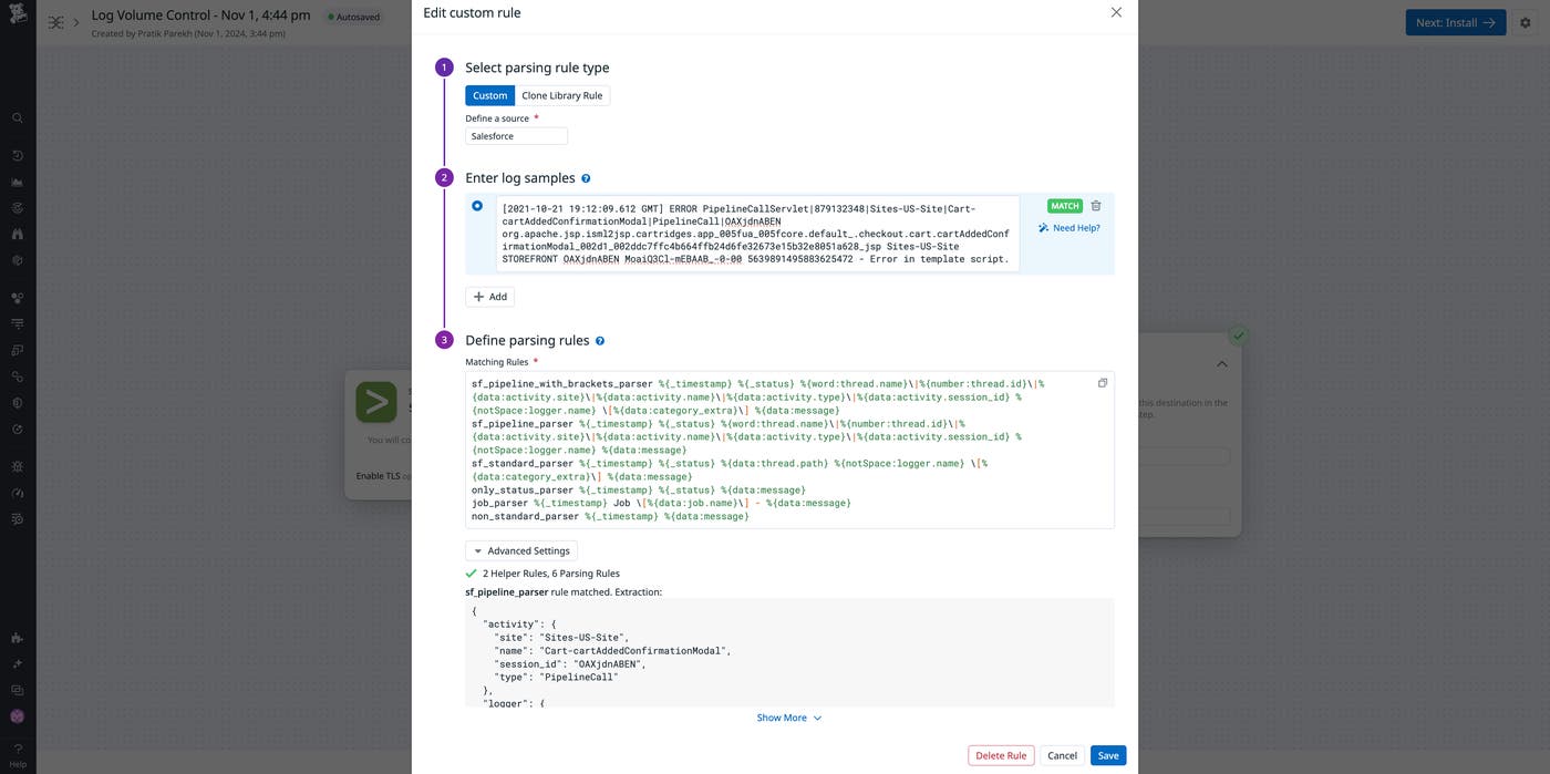 View of a user creating a custom parsing rule for Salesforce logs. View of a user creating a custom parsing rule for Salesforce logs.