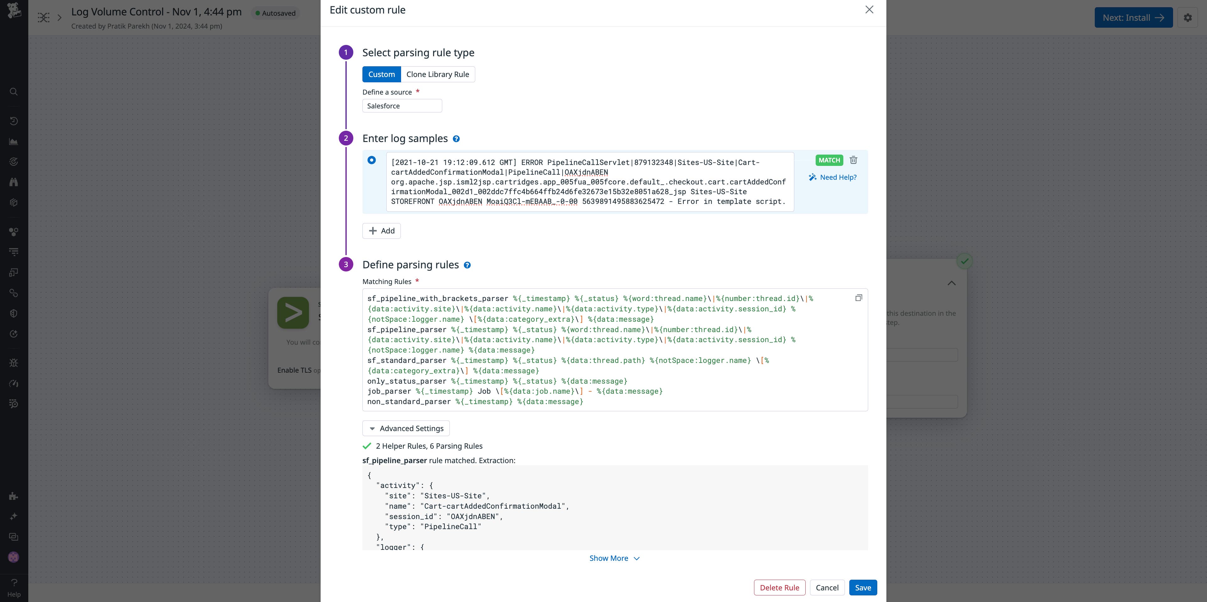 View of a user creating a custom parsing rule for Salesforce logs. View of a user creating a custom parsing rule for Salesforce logs.