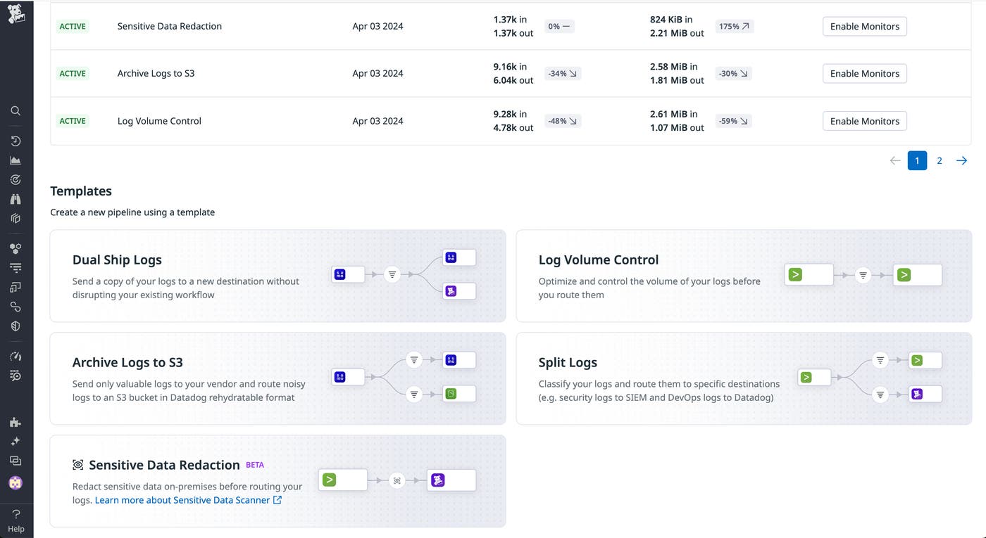 View of Observability Pipelines landing page View of Observability Pipelines landing page