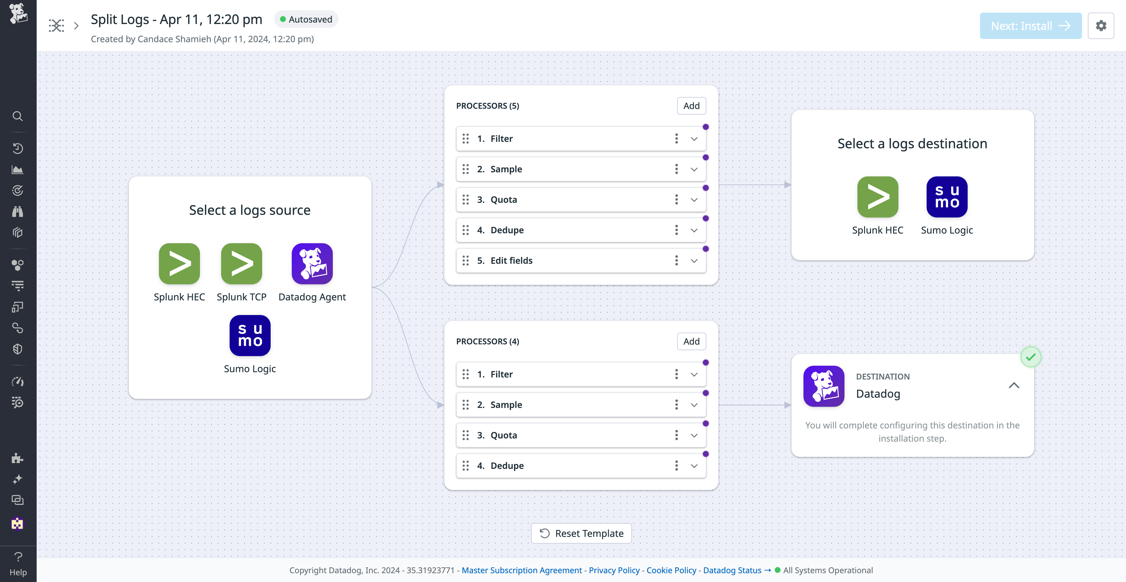 View  of user creating a pipeline with the Split Logs template to sends logs to two different destinations