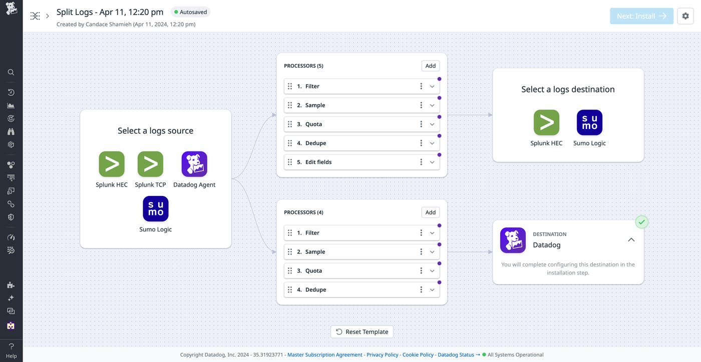 View of user creating a pipeline with the Split Logs template to sends logs to two different destinations View of user creating a pipeline with the Split Logs template to sends logs to two different destinations