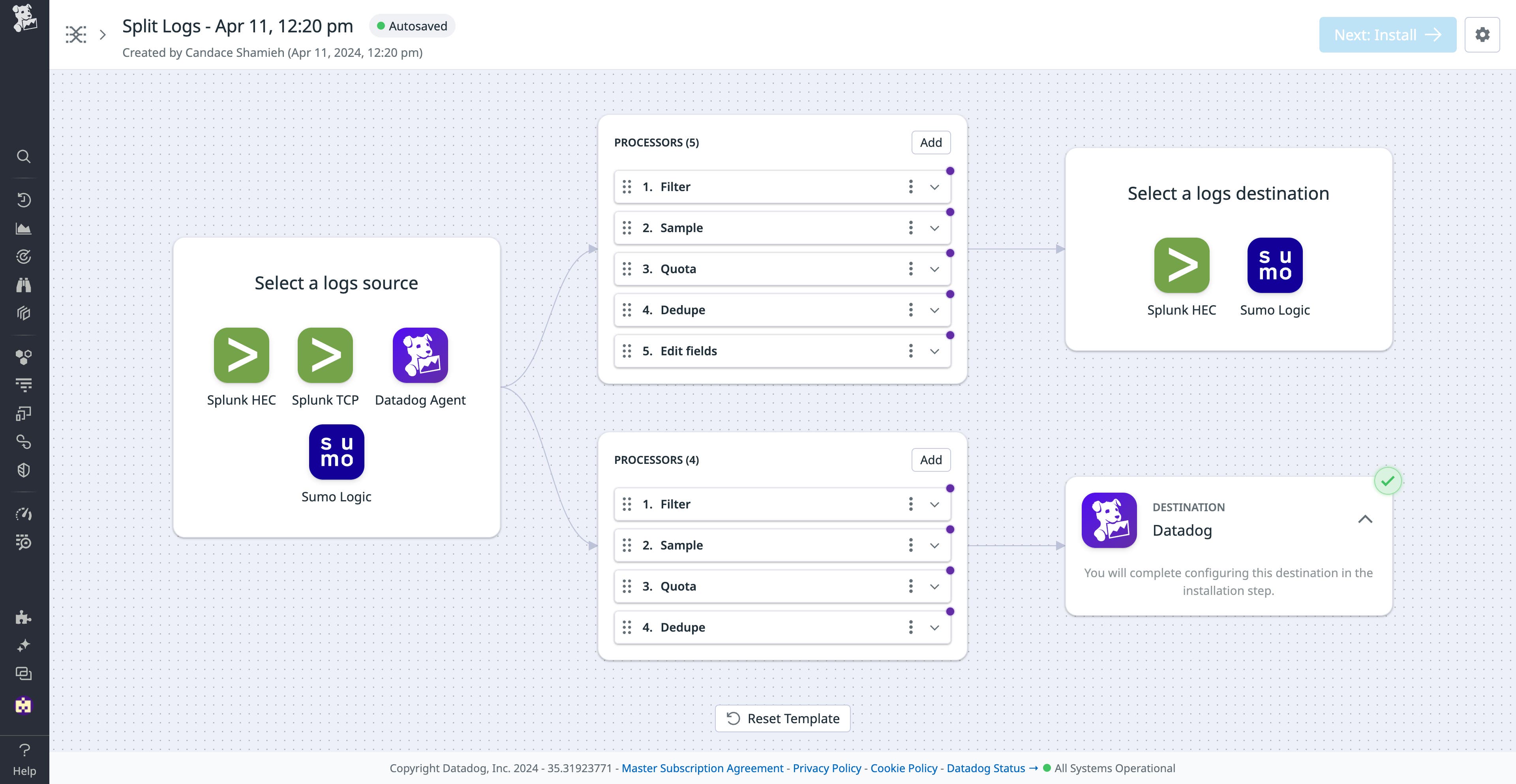View of user creating a pipeline with the Split Logs template to sends logs to two different destinations View of user creating a pipeline with the Split Logs template to sends logs to two different destinations