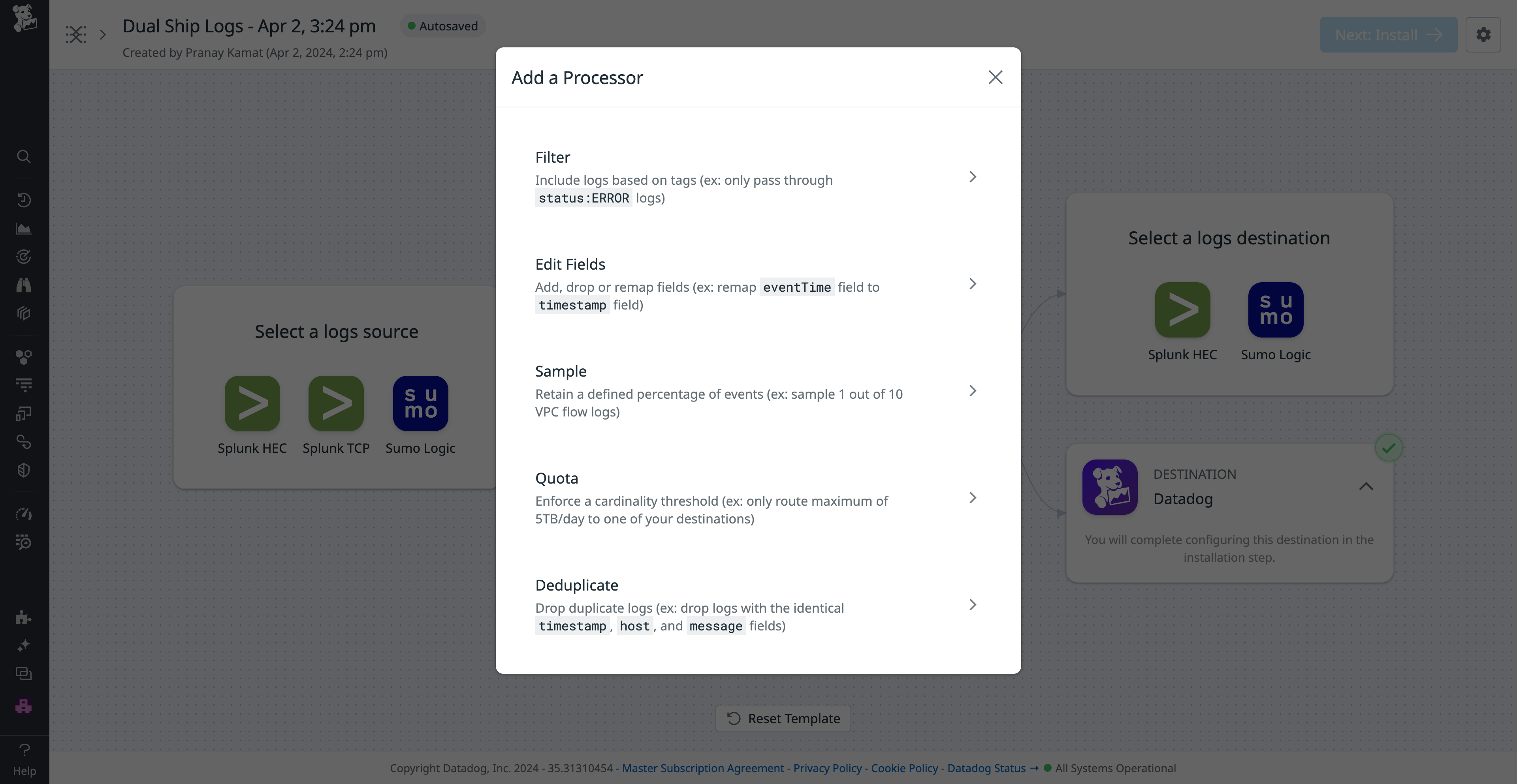 View  of log processing options