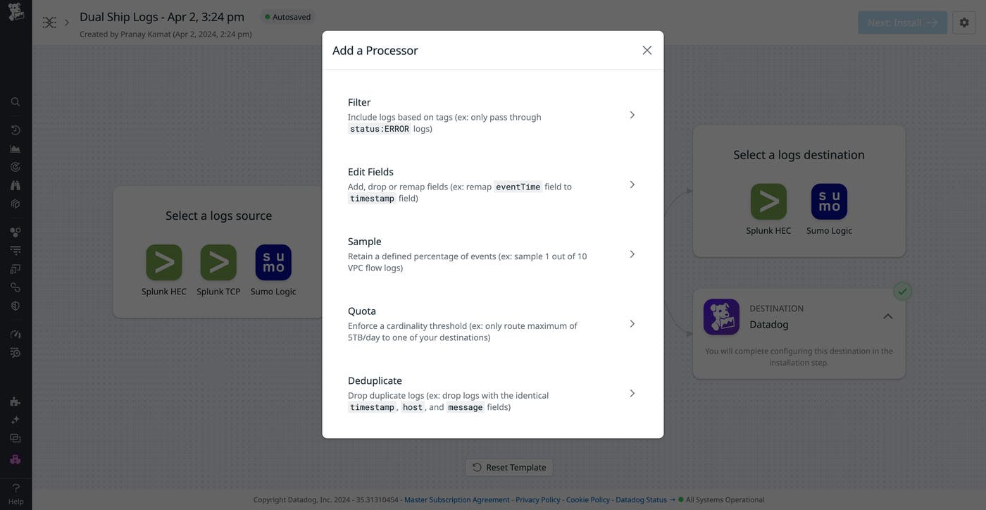 View of log processing options View of log processing options