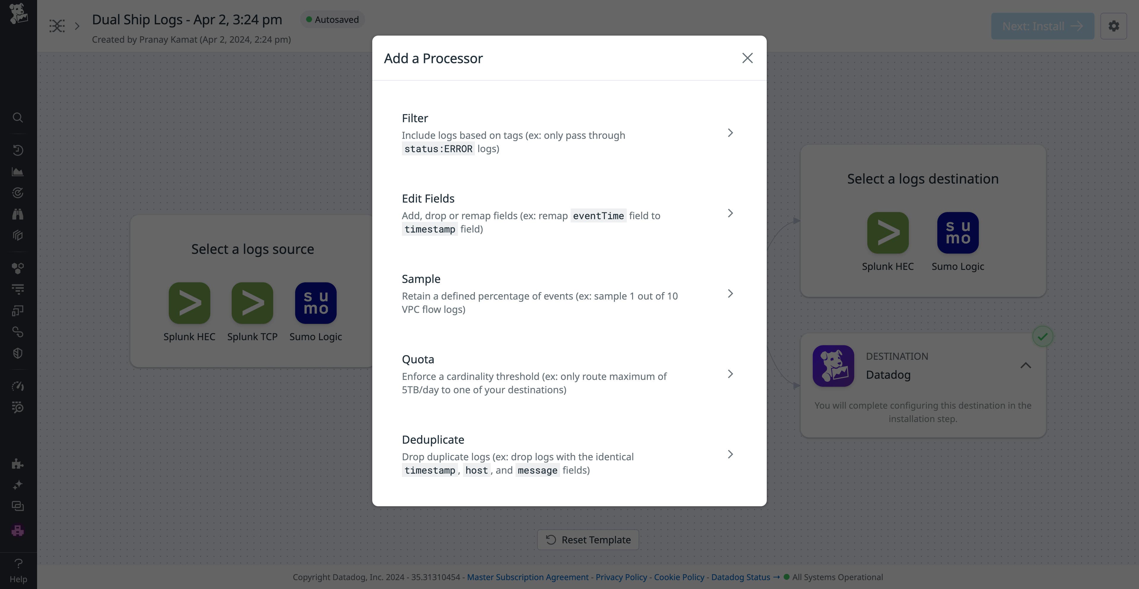 View of log processing options View of log processing options
