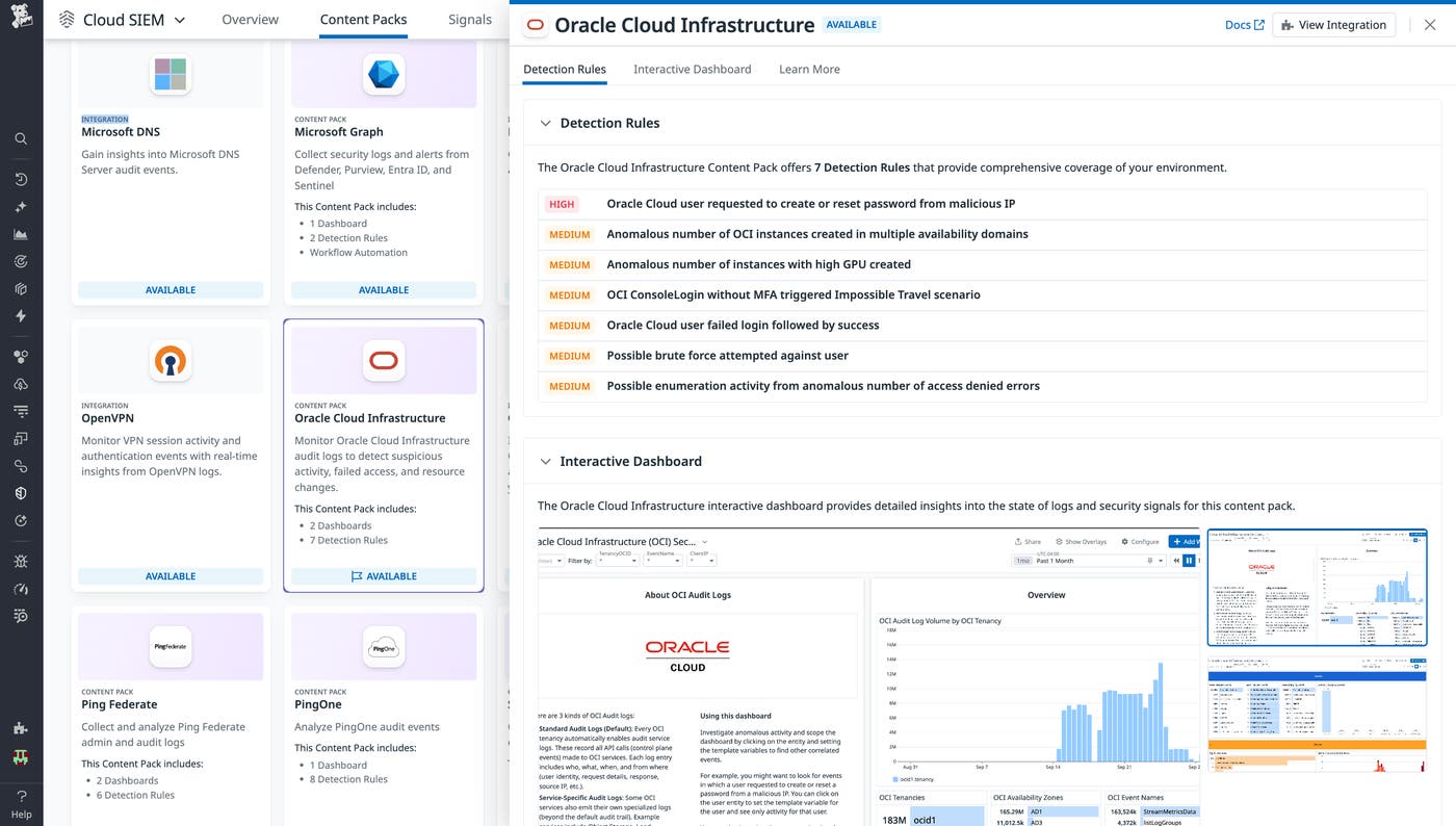 This screenshot shows the OCI Content Pack in Datadog, including a view of prebuilt dashboards and detection rules. This screenshot shows the OCI Content Pack in Datadog, including a view of prebuilt dashboards and detection rules.