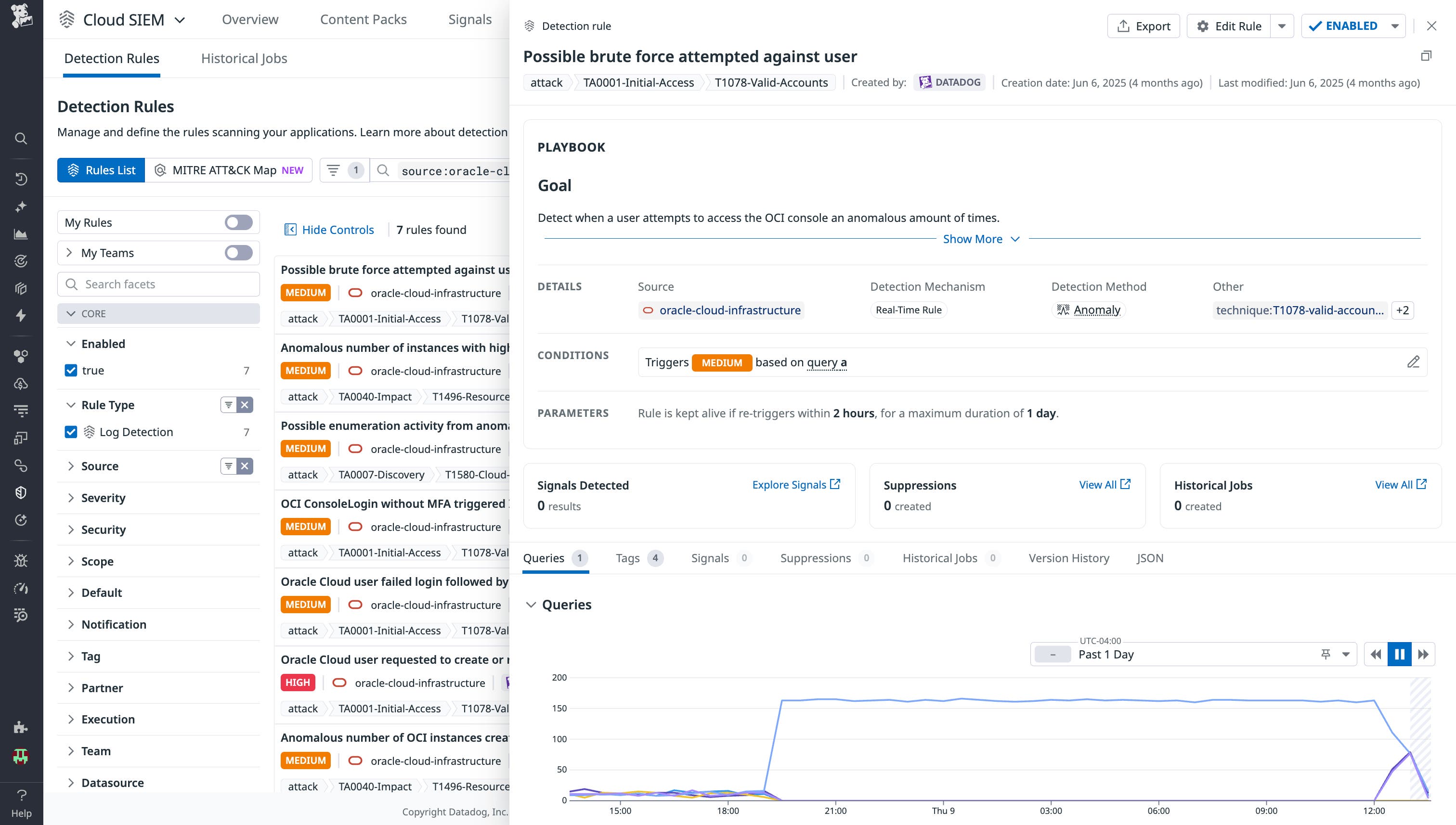 This screenshot shows a possible brute force detection rule triggered in Datadog, generated from OCI Audit Logs. This screenshot shows a possible brute force detection rule triggered in Datadog, generated from OCI Audit Logs.