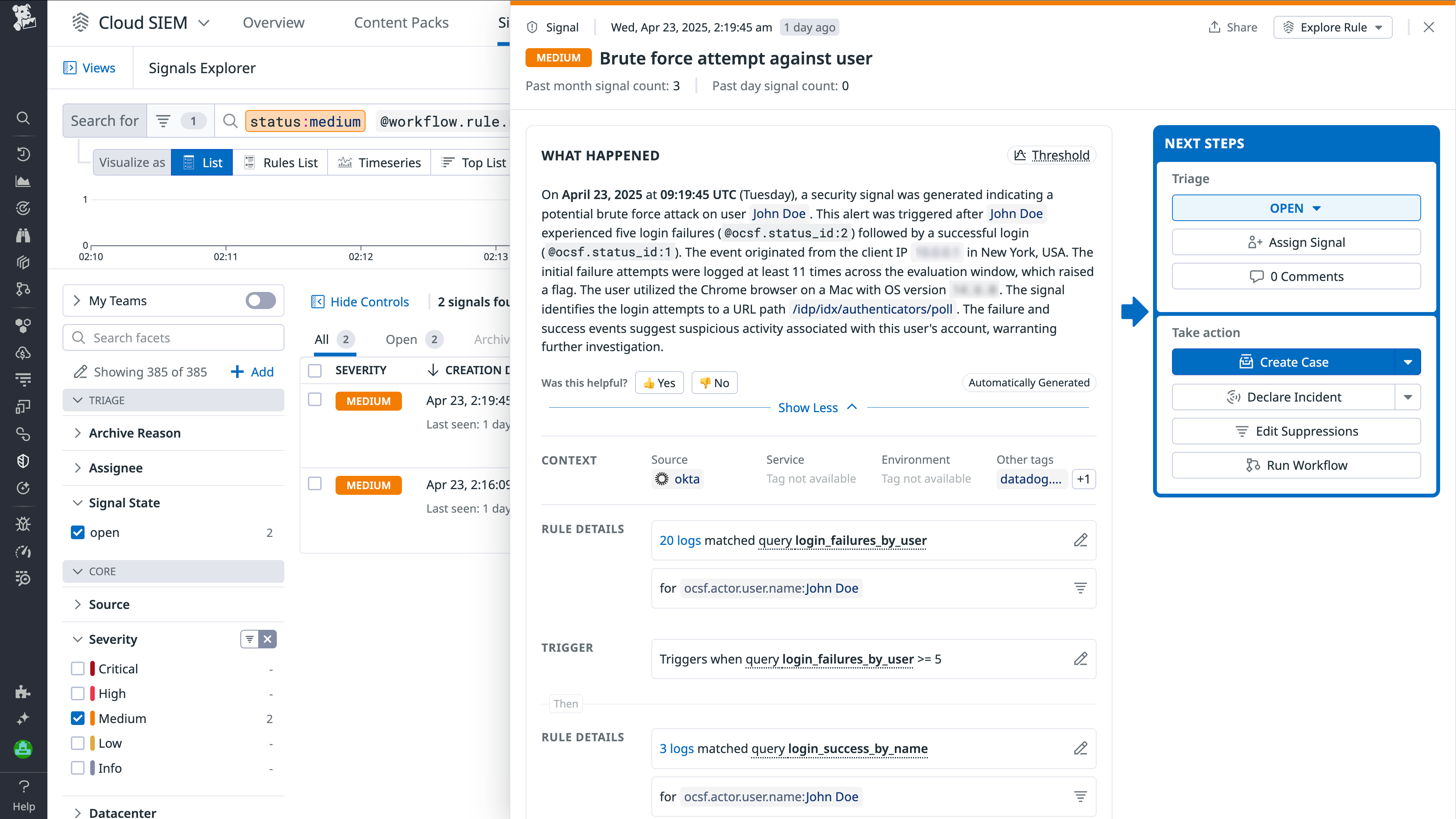 Side panel that indicates a brute force attack and provides information that includes the user, client IP address, location, and browser.