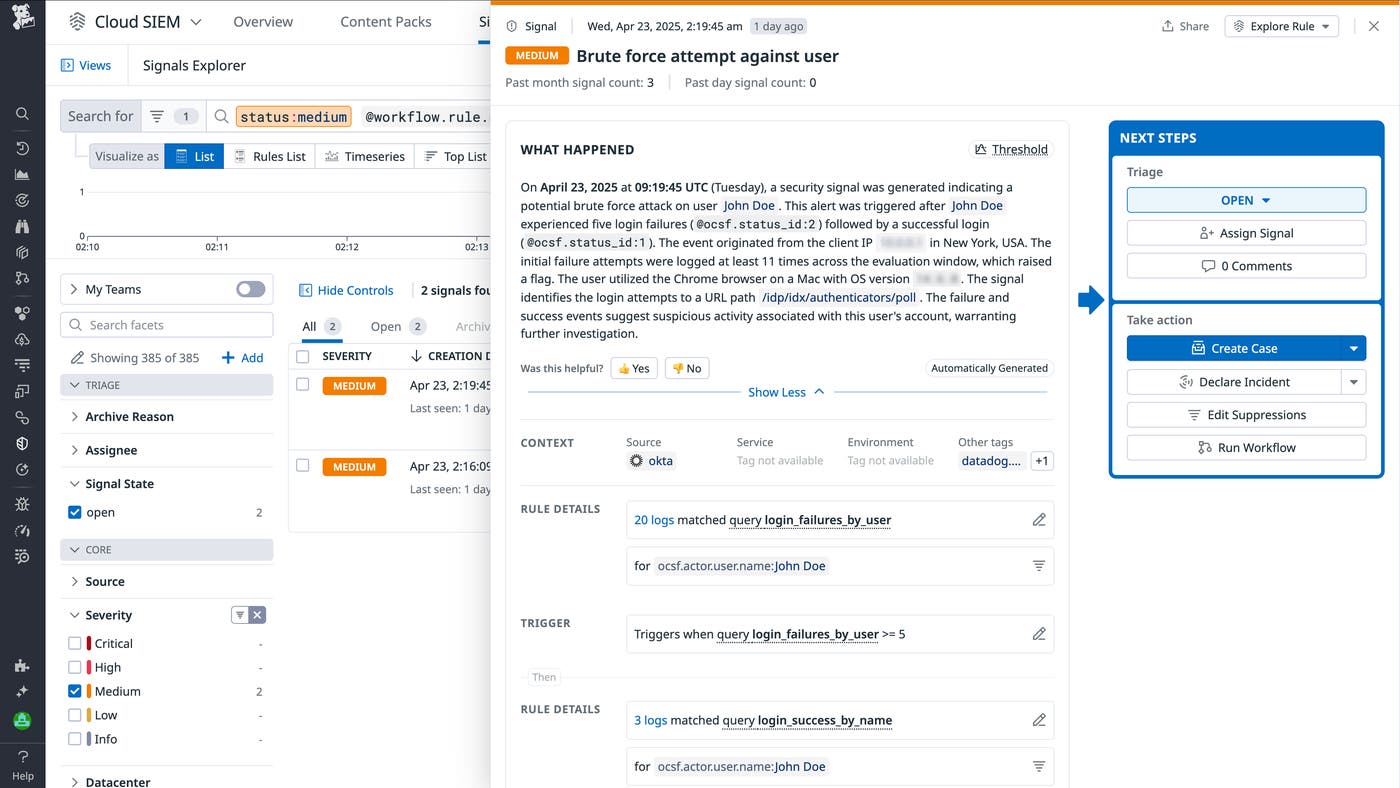 Side panel that indicates a brute force attack and provides information that includes the user, client IP address, location, and browser. Side panel that indicates a brute force attack and provides information that includes the user, client IP address, location, and browser.