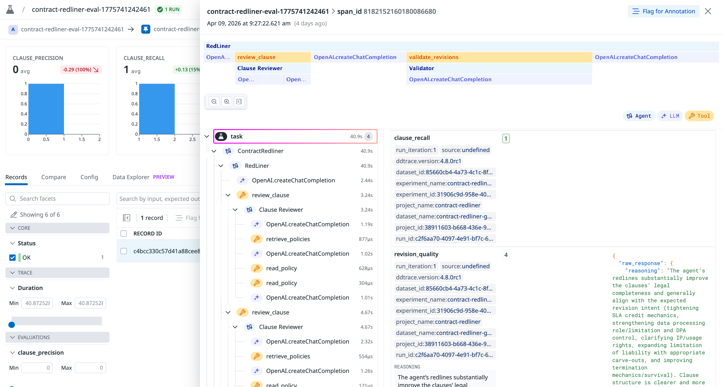 Tracking the clause_recall evaluator in Datadog LLM Experiments.