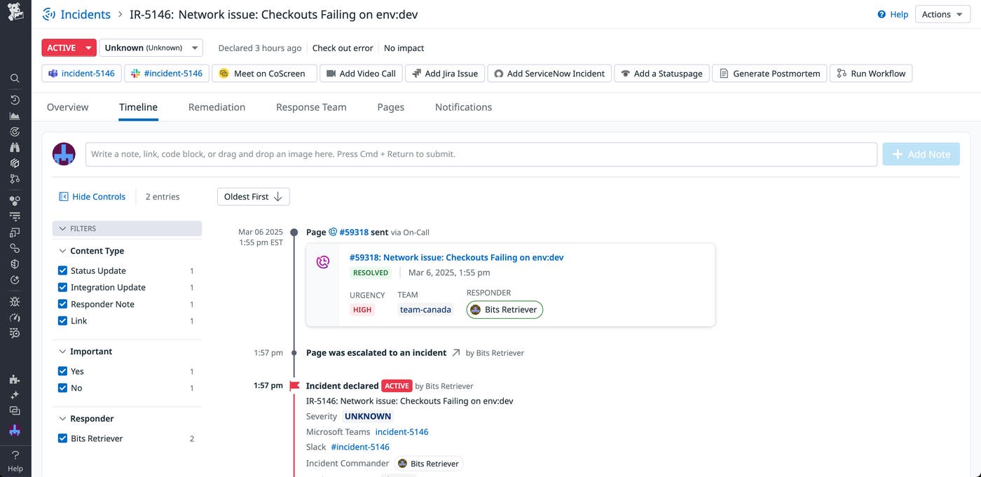 The timeline for an incident in Incident Management, showing a page being received and escalated to an incident. The timeline for an incident in Incident Management, showing a page being received and escalated to an incident.