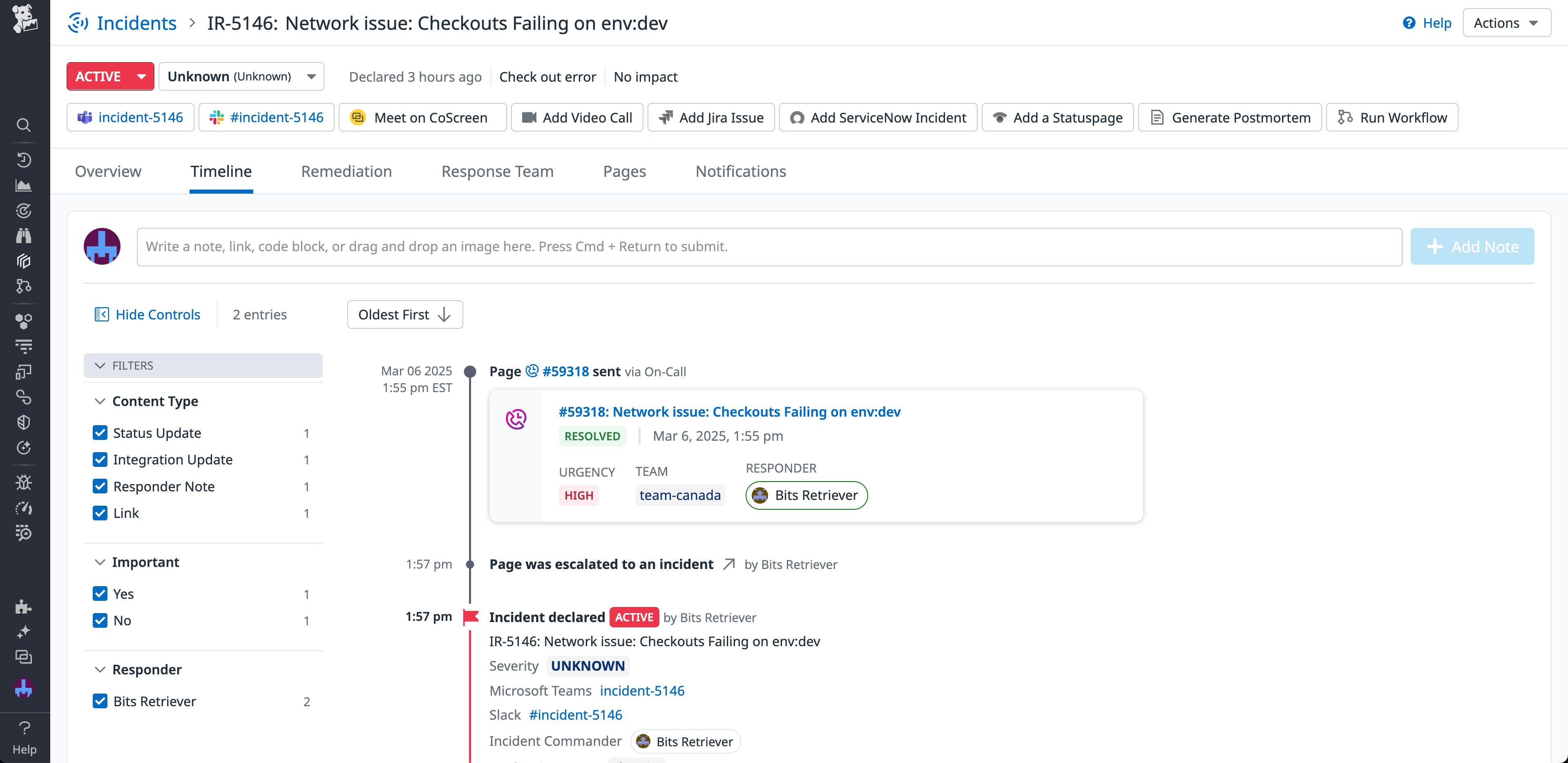 The timeline for an incident in Incident Management, showing a page being received and escalated to an incident. The timeline for an incident in Incident Management, showing a page being received and escalated to an incident.