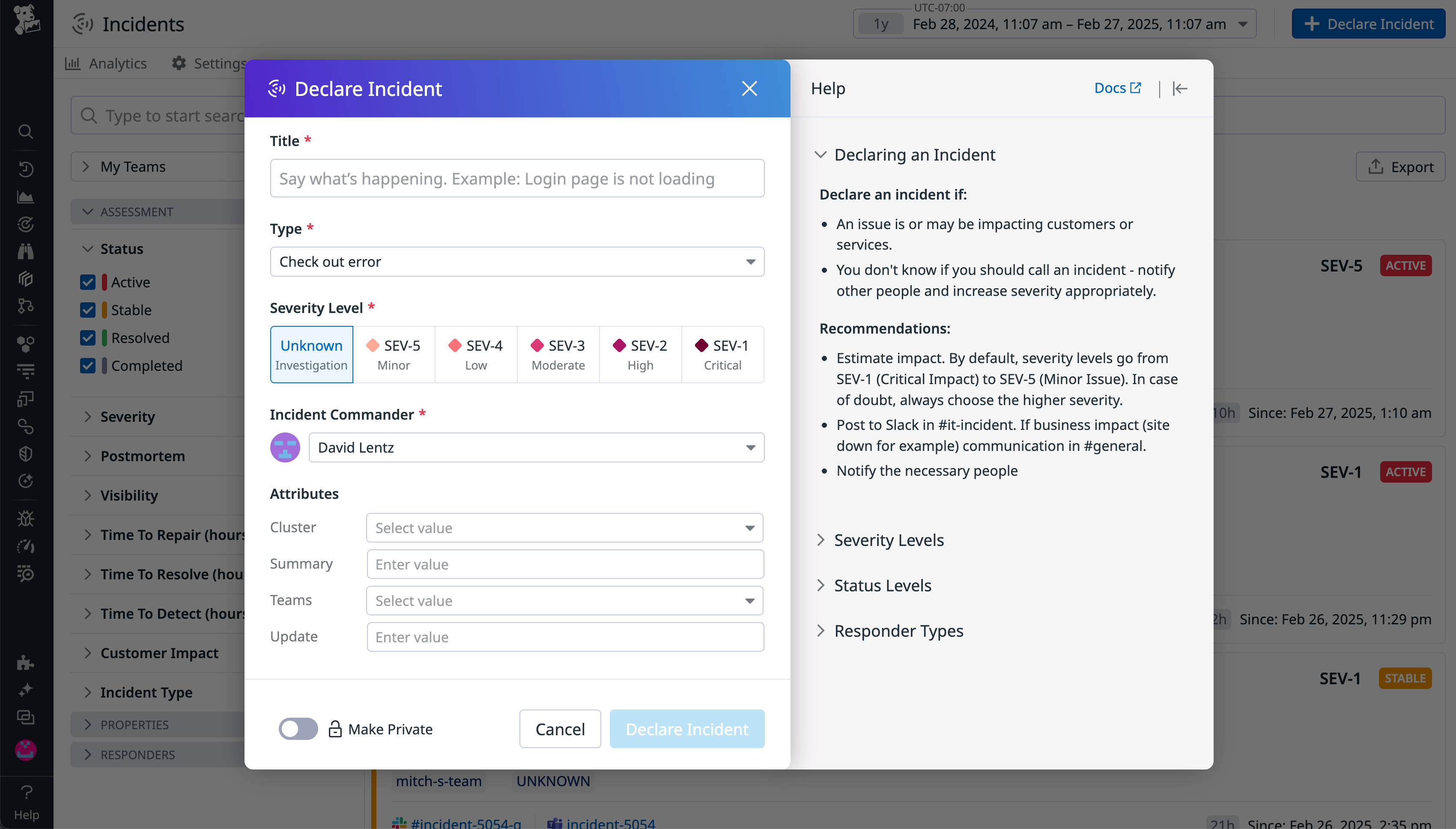 Datadog Incident Management interface with a Declare Incident form, showing fields for title, type, severity, and incident commander.