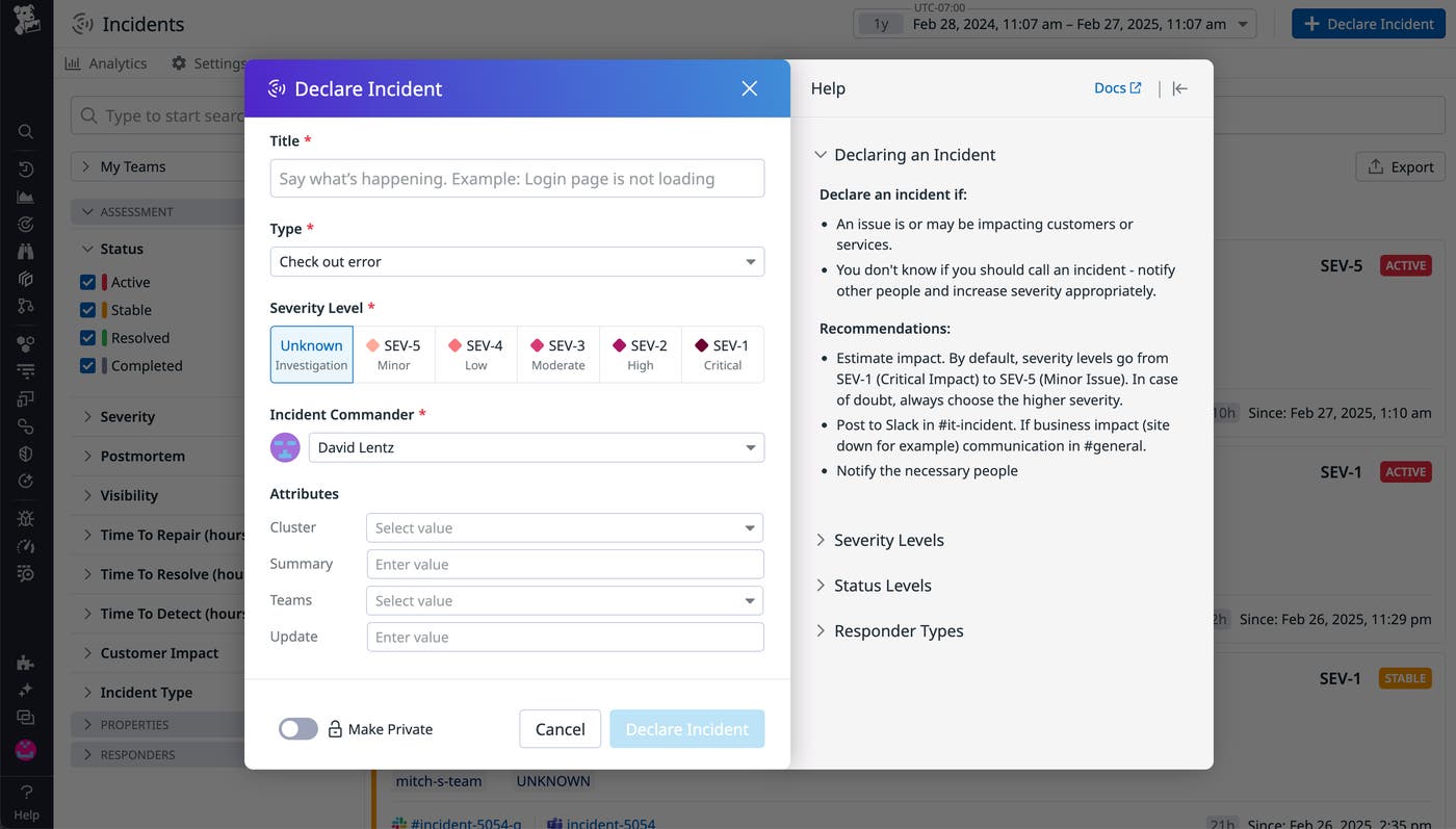 Datadog Incident Management interface with a Declare Incident form, showing fields for title, type, severity, and incident commander. Datadog Incident Management interface with a Declare Incident form, showing fields for title, type, severity, and incident commander.