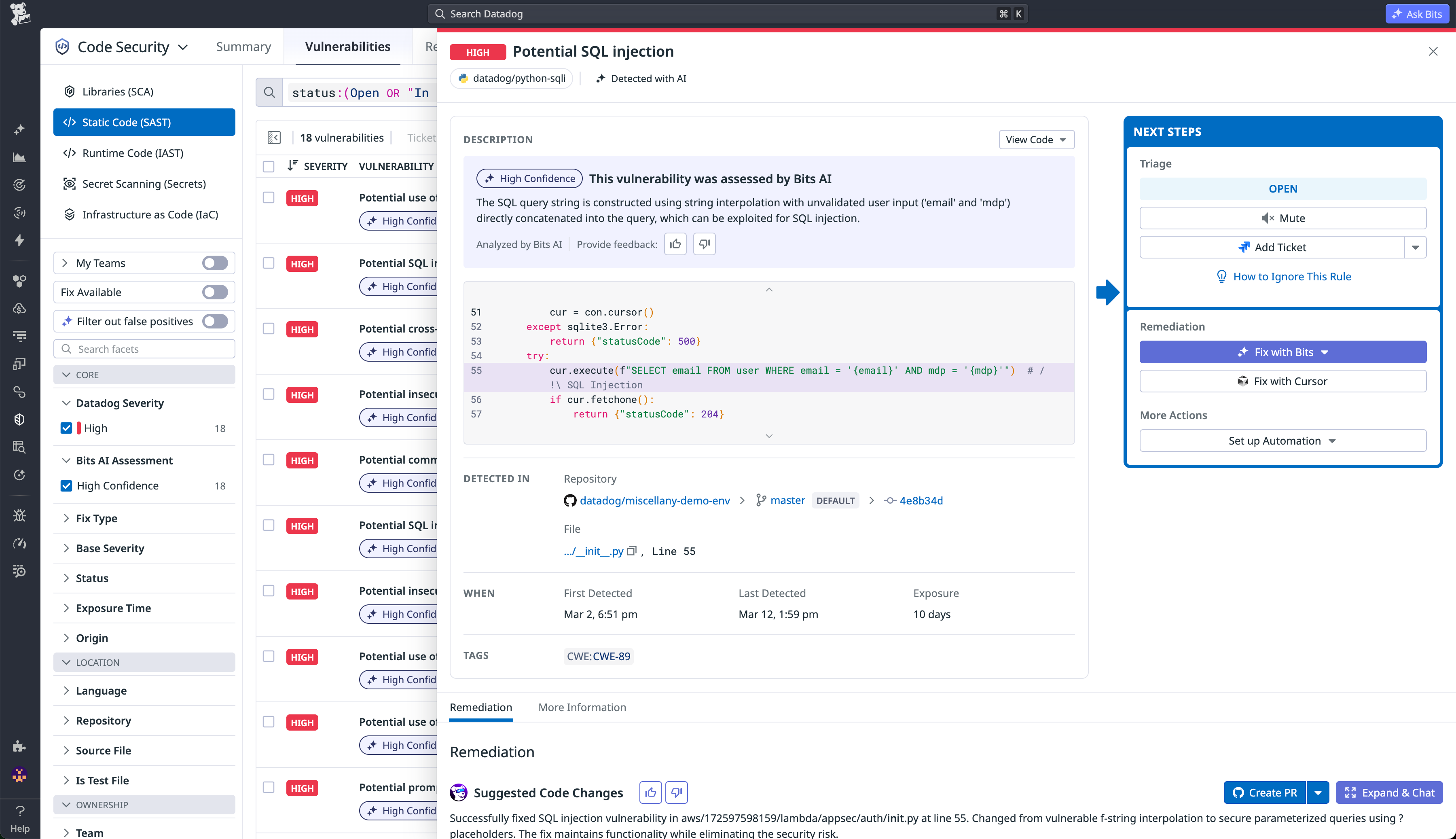 The vulnerability page for a potential SQL injection weakpoint that was detected with AI. The relevant lines of code suggested and fixes are displayed.