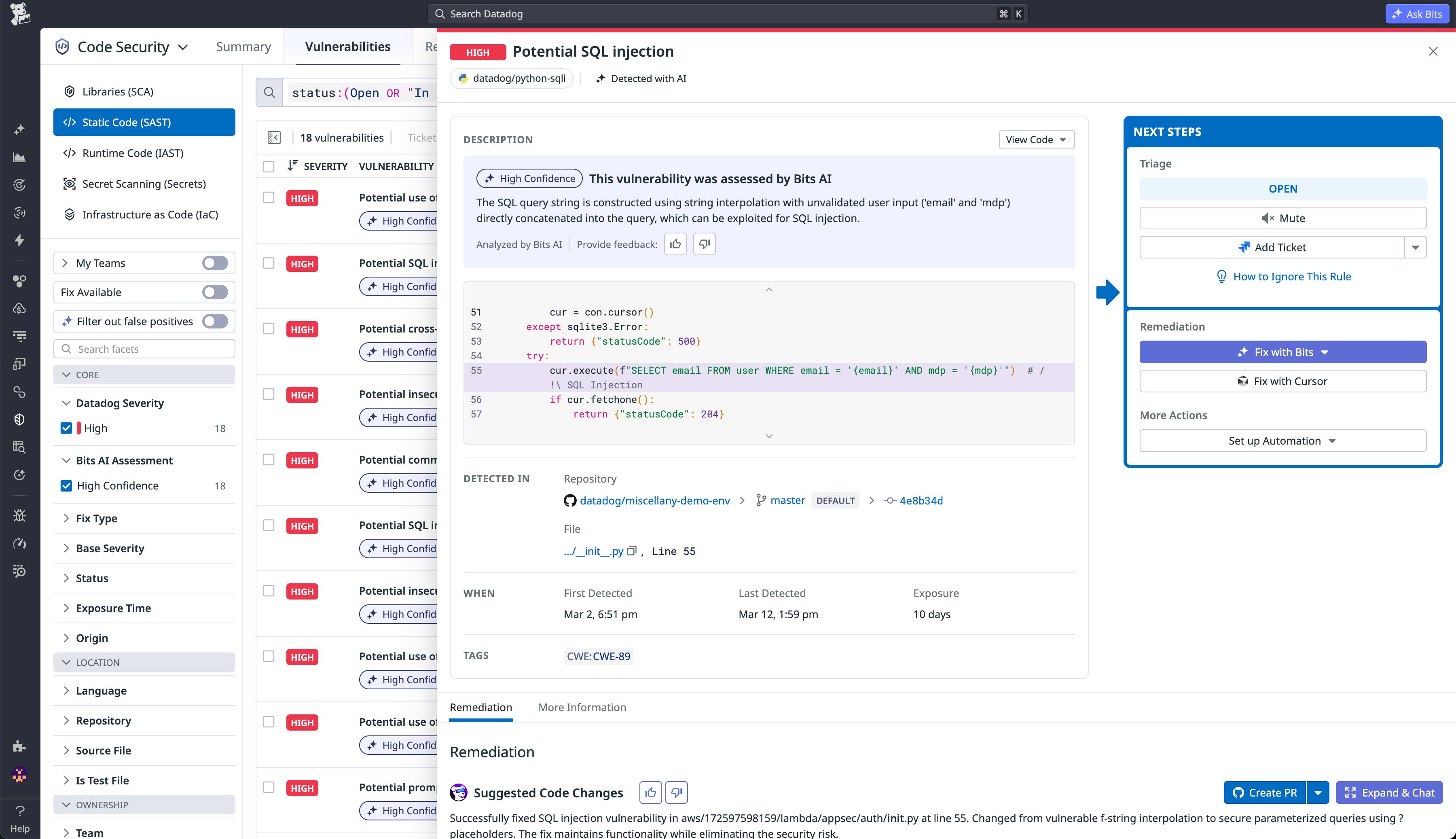The vulnerability page for a potential SQL injection weakpoint that was detected with AI. The relevant lines of code suggested and fixes are displayed. The vulnerability page for a potential SQL injection weakpoint that was detected with AI. The relevant lines of code suggested and fixes are displayed.