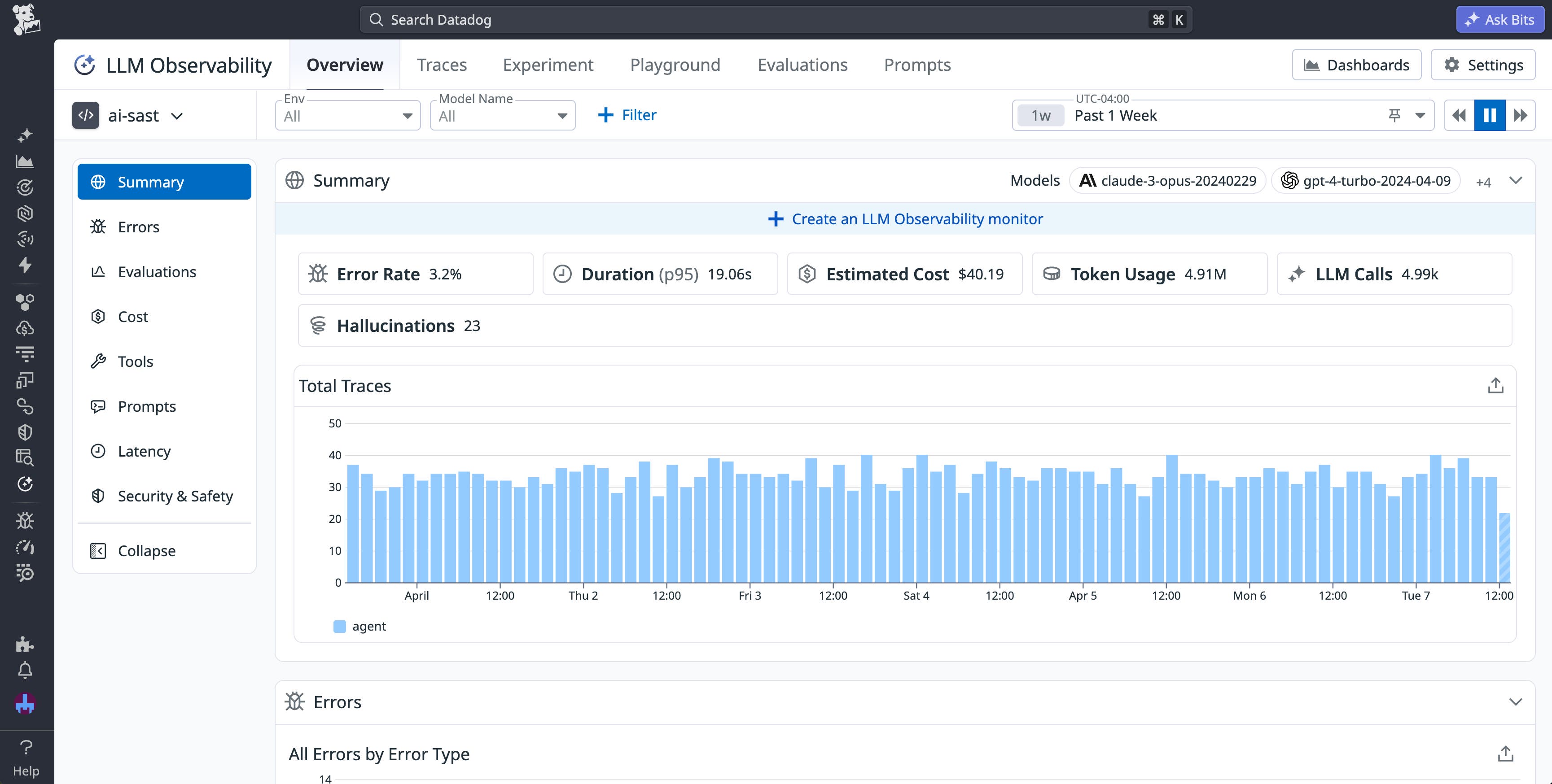 The overview page for an app in LLM Observability, with key metrics and a graph showing trace activity displayed. The overview page for an app in LLM Observability, with key metrics and a graph showing trace activity displayed.