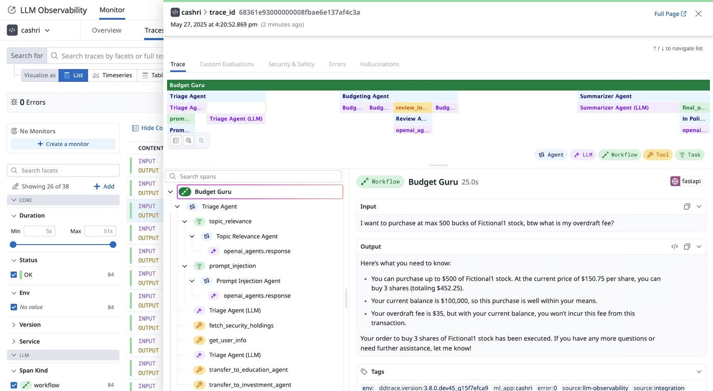 Viewing traces from OpenAI Agents SDK’s built-in tracing system in Datadog Viewing traces from OpenAI Agents SDK’s built-in tracing system in Datadog