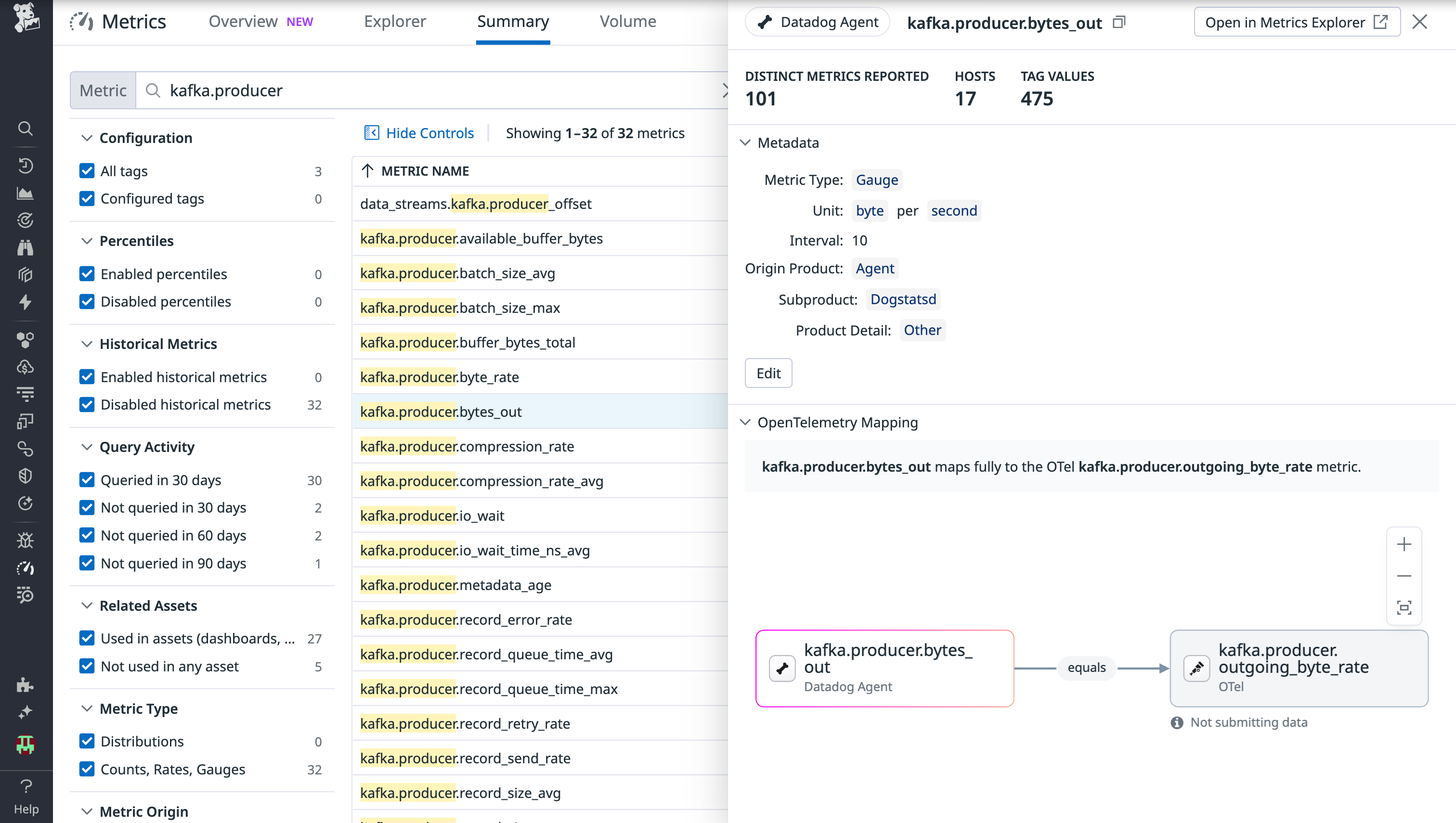 Metric details of a Kafka metric showing OTel and Datadog support.