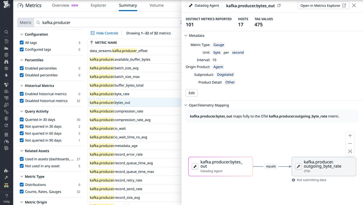 Metric details of a Kafka metric showing OTel and Datadog support. Metric details of a Kafka metric showing OTel and Datadog support.