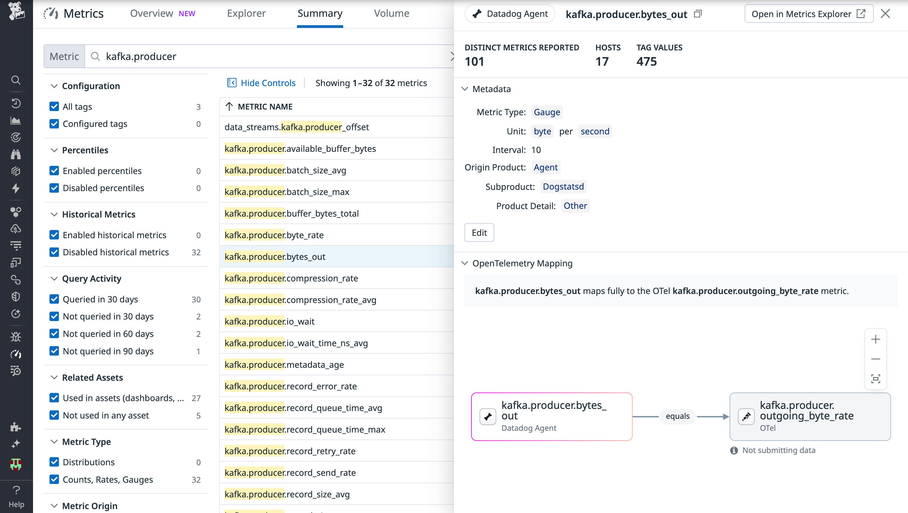 Metric details of a Kafka metric showing OTel and Datadog support. Metric details of a Kafka metric showing OTel and Datadog support.