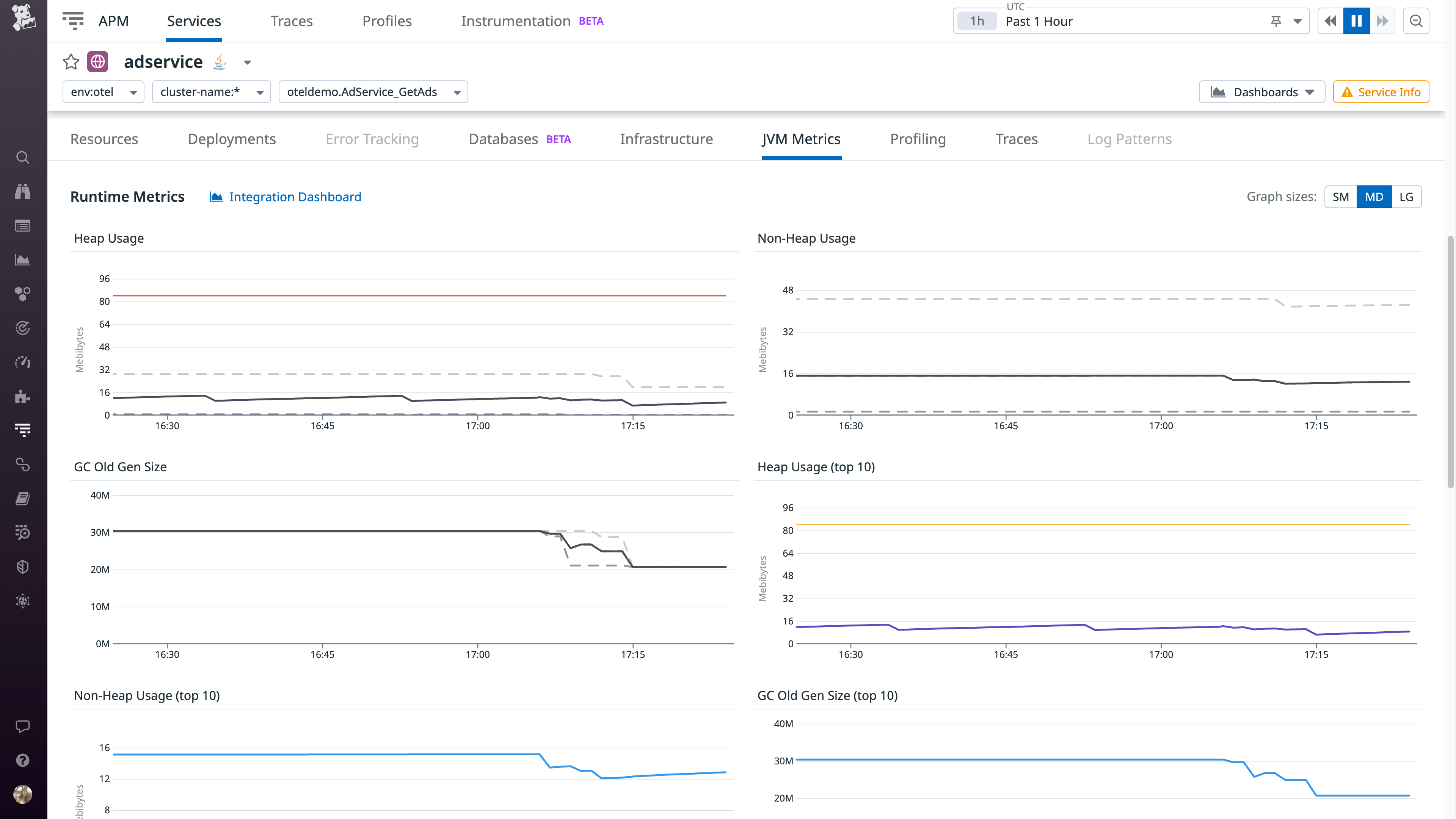 OTel runtime metrics are visible on Datadog APM service pages.