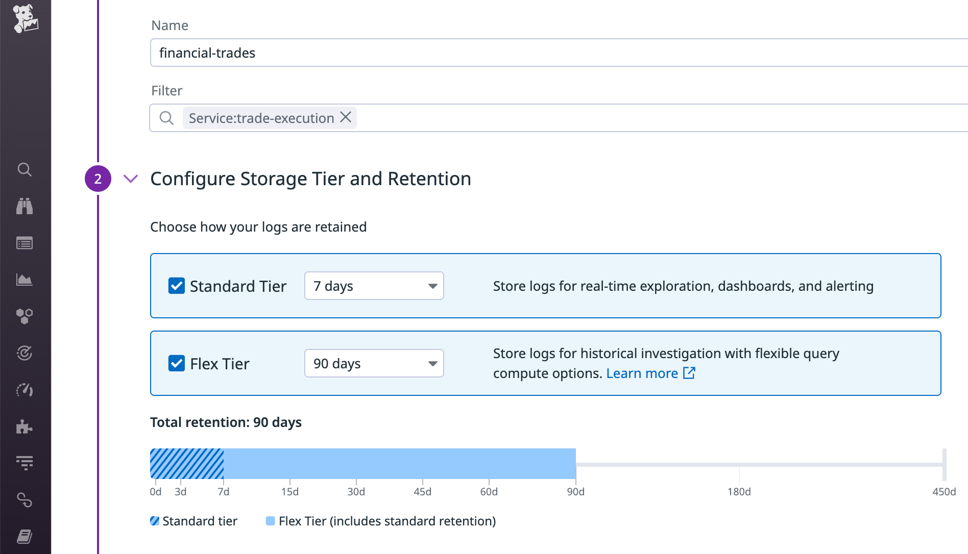 Configuring log storage with Datadog Flex Logs.