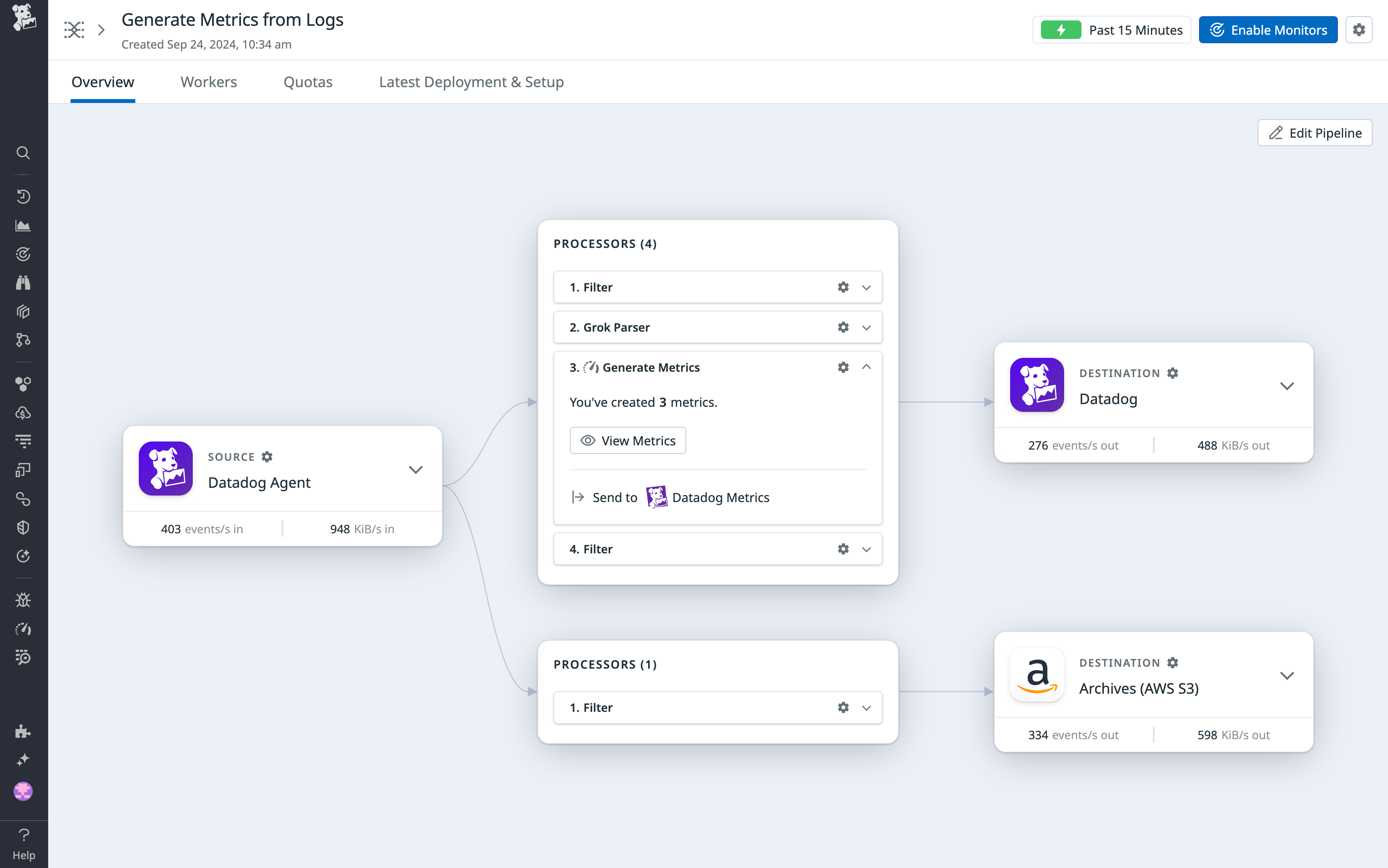 Generating metrics from logs with Datadog Observability Pipelines.