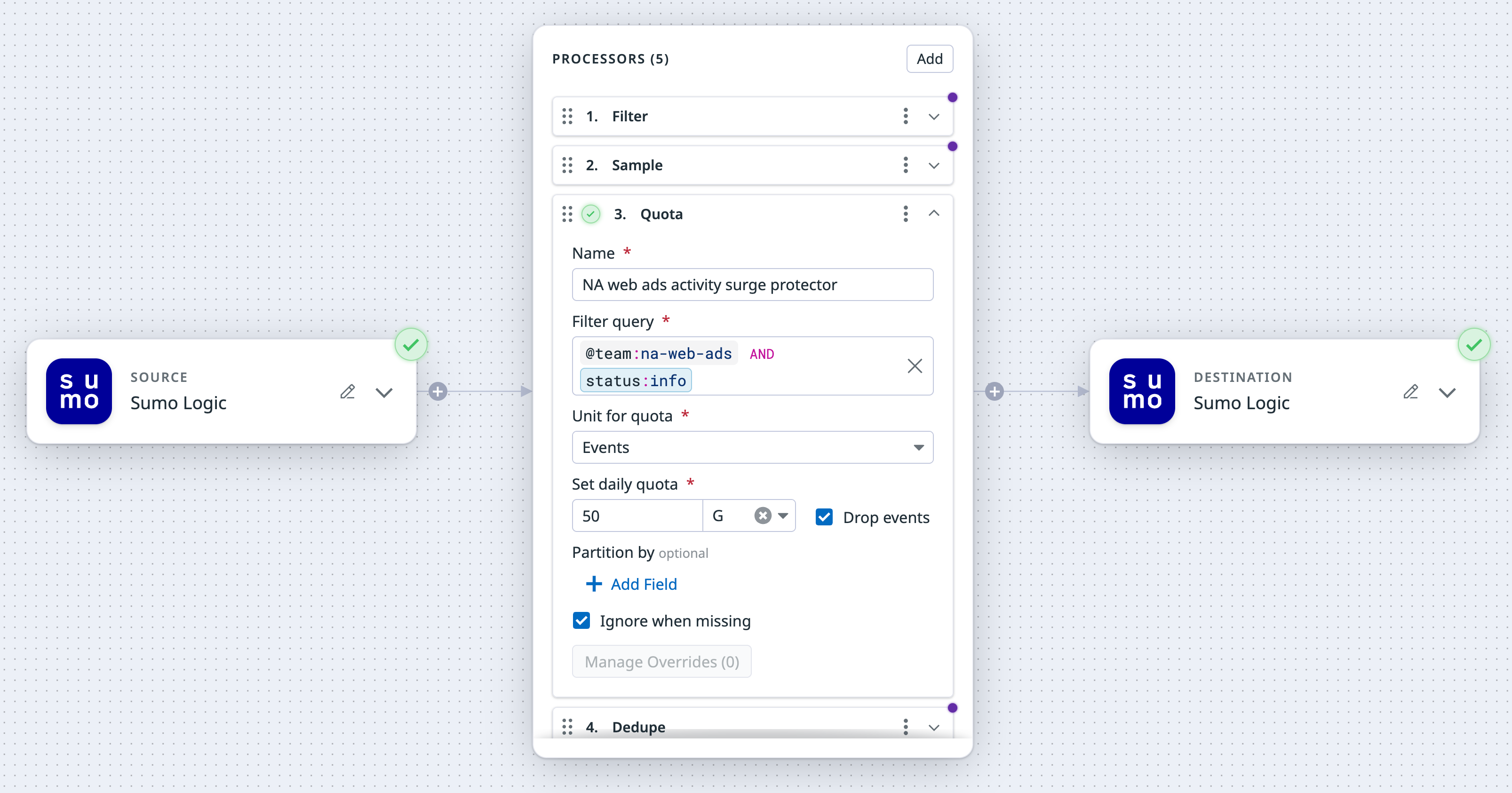 Setting up a rule-based quota with Datadog Observability Pipelines.
