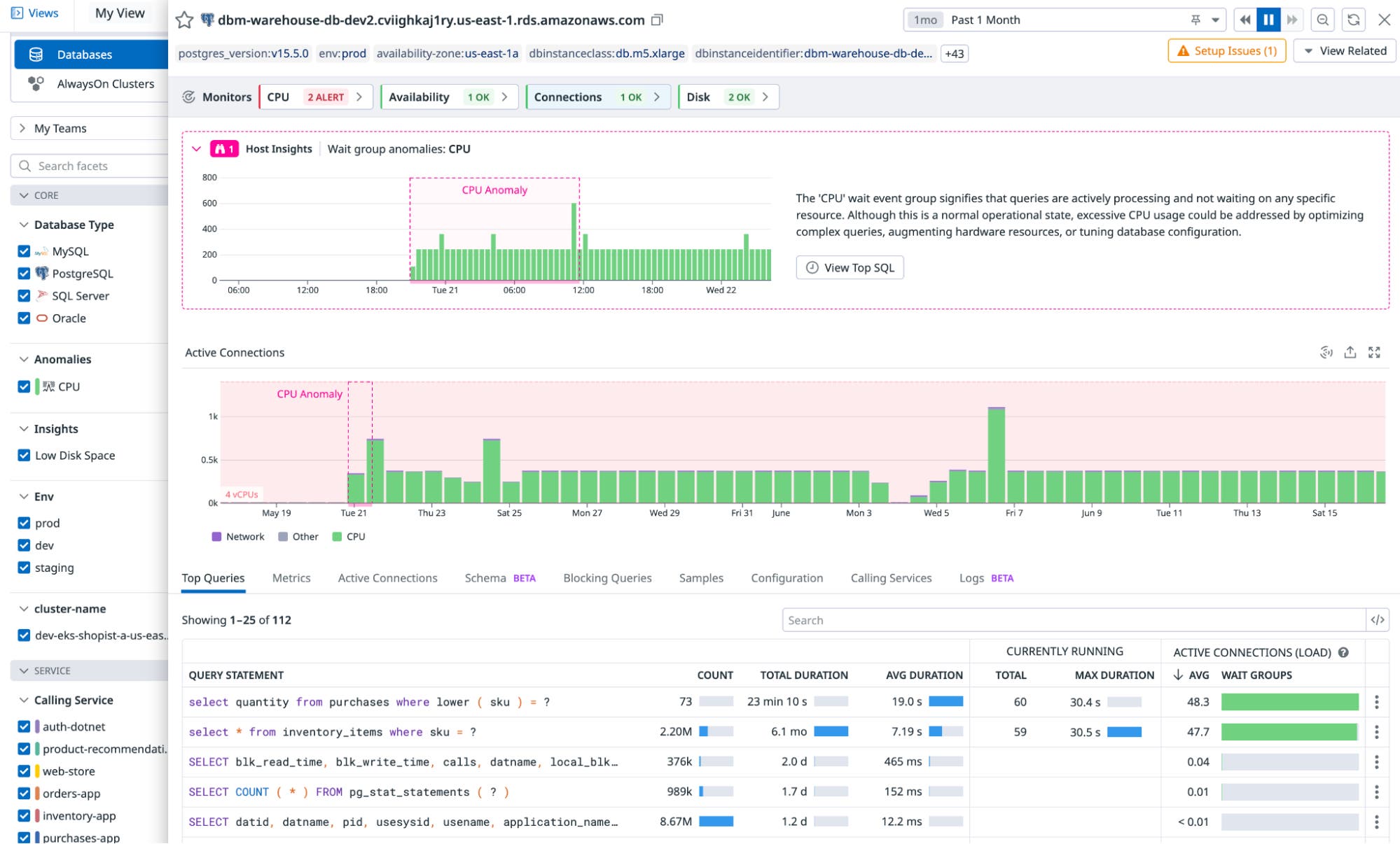 Datadog surfaces any Watchdog Insights. Datadog surfaces any Watchdog Insights.