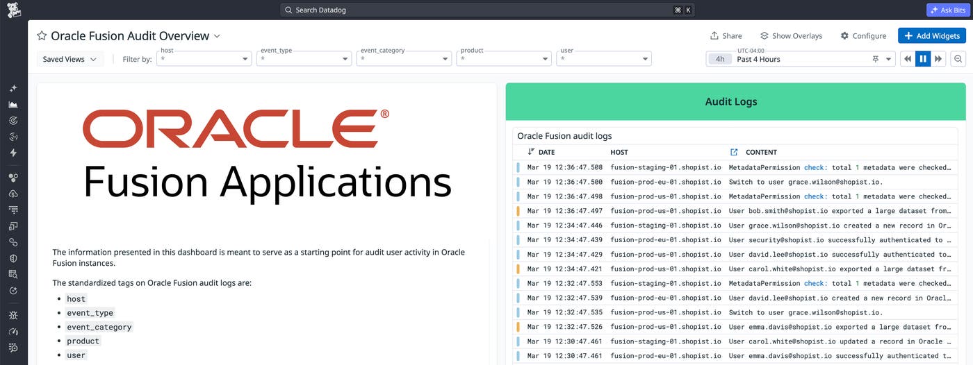 A Datadog dashboard overview displaying Oracle Fusion audit logs by date, host, and content. A Datadog dashboard overview displaying Oracle Fusion audit logs by date, host, and content.