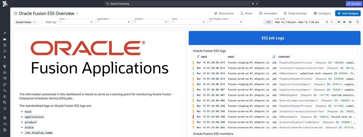 A Datadog dashboard displaying an overview of Oracle Fusion ESS job logs, including job name, type, request parameters, and submission timestamps. A Datadog dashboard displaying an overview of Oracle Fusion ESS job logs, including job name, type, request parameters, and submission timestamps.