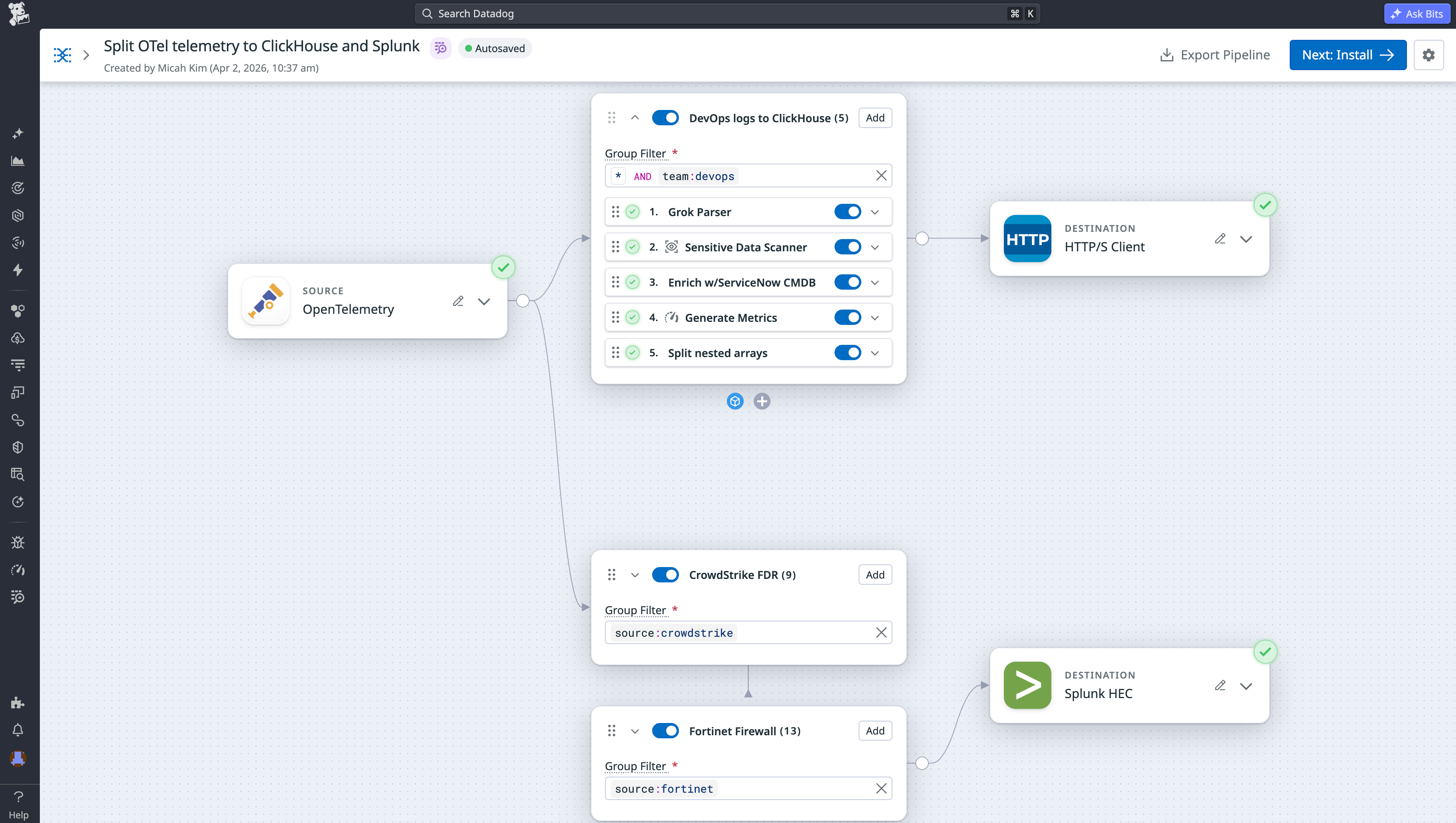 Observability Pipelines routing diagram showing OTel data flowing to ClickHouse and Splunk.