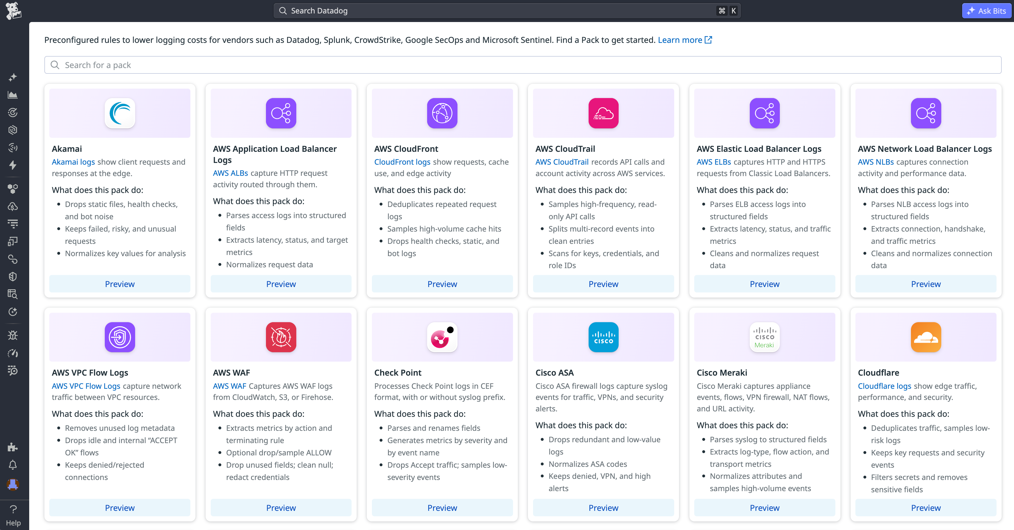 Observability Pipelines pipeline editor showing Packs added for Cloudflare, Okta, and Akamai CDN sources.