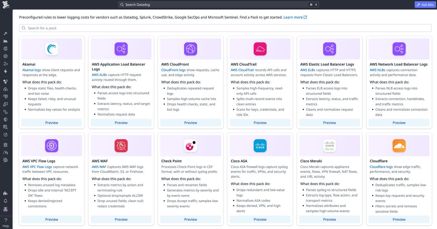 Observability Pipelines pipeline editor showing Packs added for Cloudflare, Okta, and Akamai CDN sources. Observability Pipelines pipeline editor showing Packs added for Cloudflare, Okta, and Akamai CDN sources.